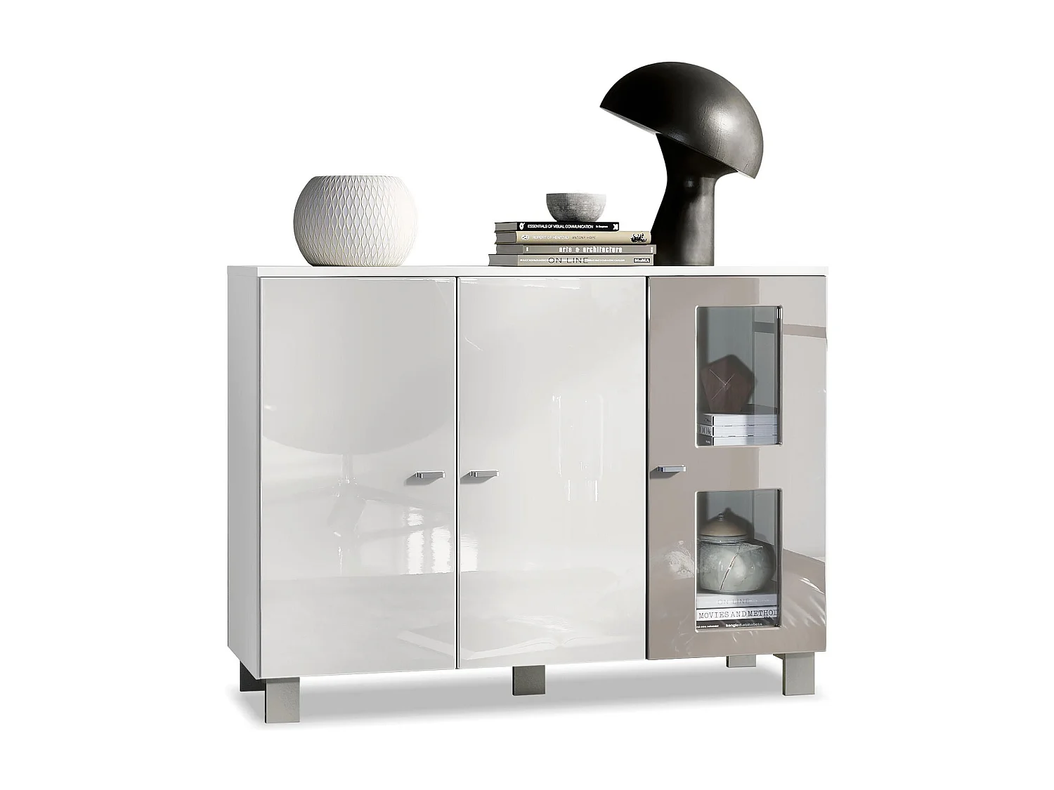 Buffet Denjo, Commode avec 3 portes, Blanc mat/Blanc haute brillance/Gris sable haute brillance (107 x 81 x 35 cm)