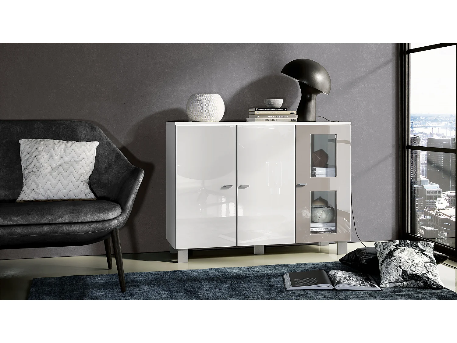 Buffet Denjo, Commode avec 3 portes, Blanc mat/Blanc haute brillance/Gris sable haute brillance (107 x 81 x 35 cm)