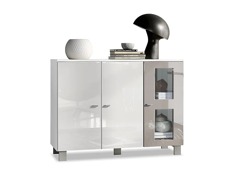Credenza  Denjo, Mobile a 3 ante, Bianco opaco/Bianco lucido/Sabbia grigio lucido (107 x 81 x 35 cm)