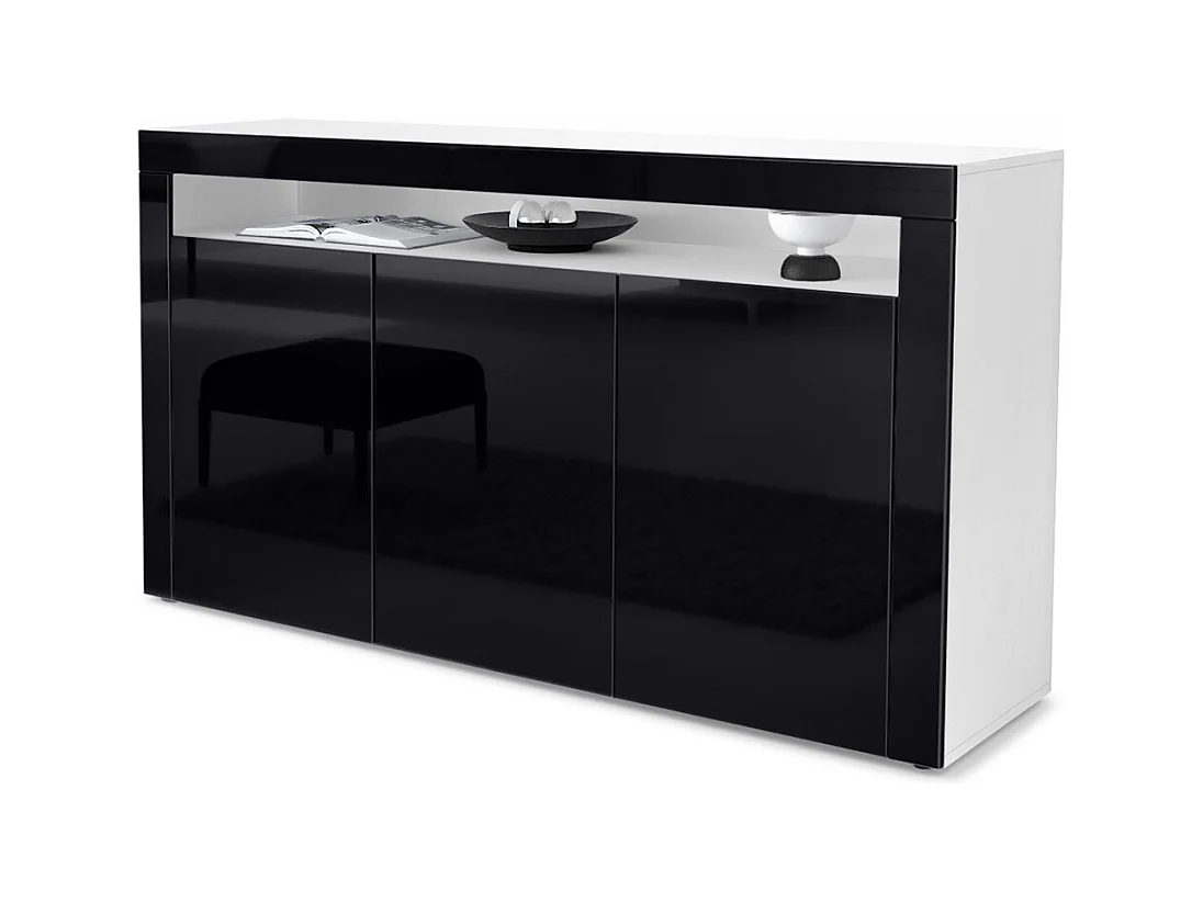 Buffet Valencia, Commode avec 3 portes et 1 compartiment ouvert, Blanc mat/noir haute brillance/noir haute brillance (155 x 92 x 40 cm)