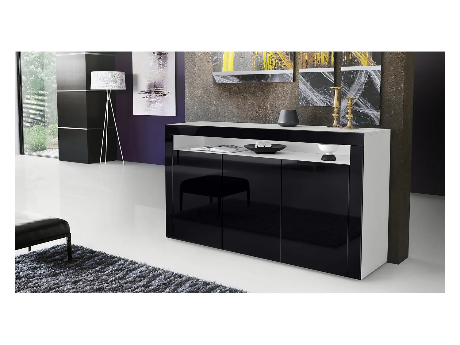 Buffet Valencia, Commode avec 3 portes et 1 compartiment ouvert, Blanc mat/noir haute brillance/noir haute brillance (155 x 92 x 40 cm)