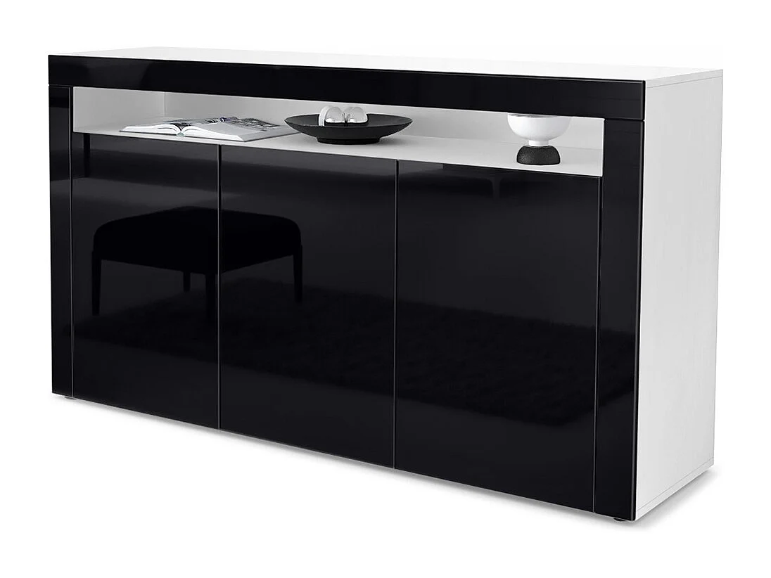 Madia  Valencia, mobile a 3 ante e 1 scomparto aperto, bianco opaco/nero lucido/nero lucido (155 x 92 x 40 cm)