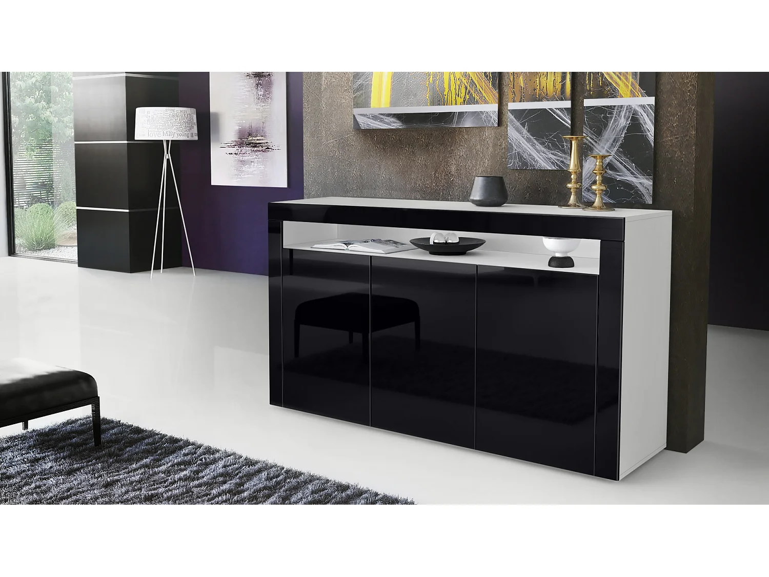 Madia  Valencia, mobile a 3 ante e 1 scomparto aperto, bianco opaco/nero lucido/nero lucido (155 x 92 x 40 cm)