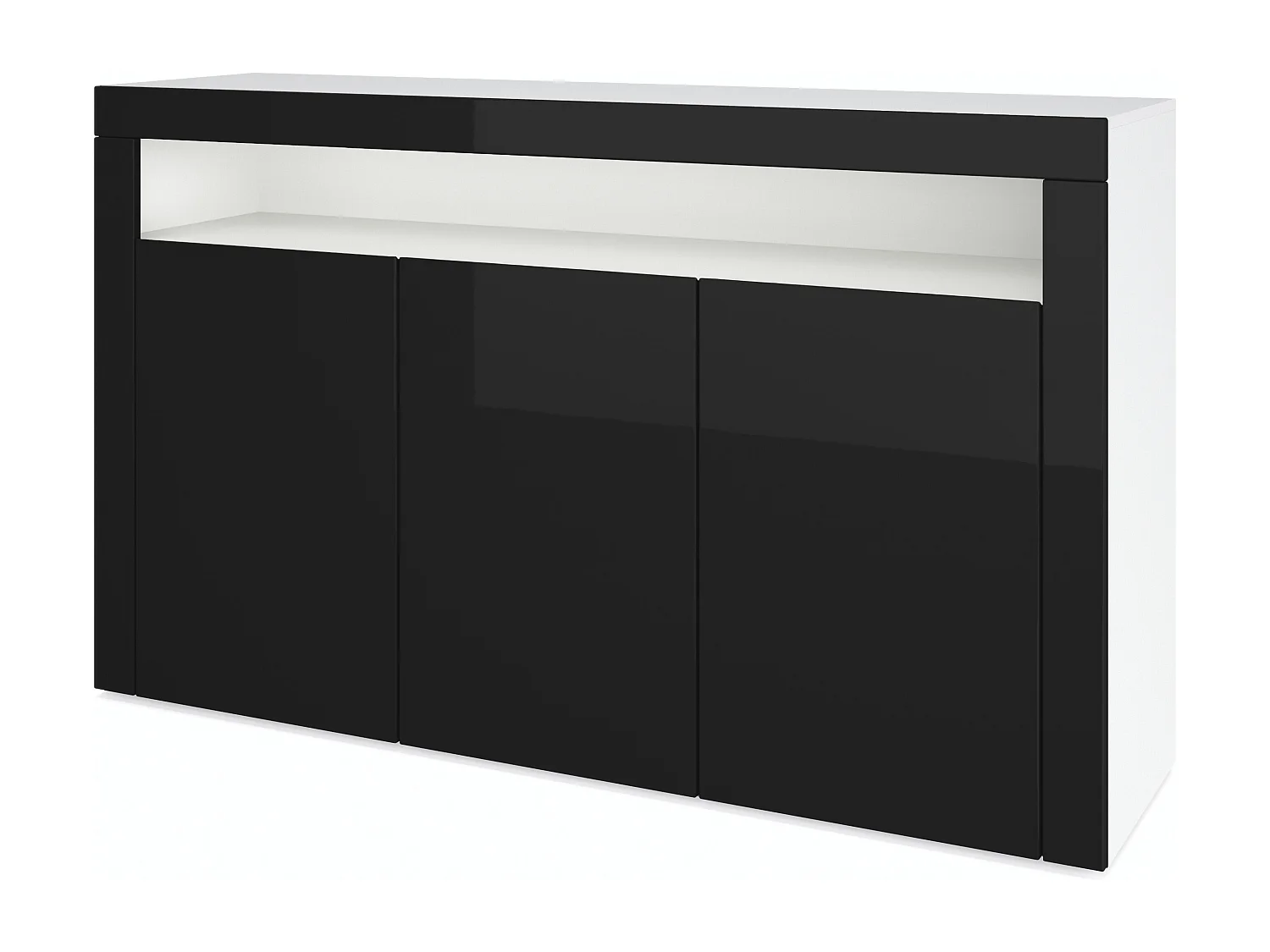 Buffet Valencia, Commode avec 3 portes et 1 compartiment ouvert, Blanc mat/noir haute brillance/noir haute brillance (155 x 92 x 40 cm)