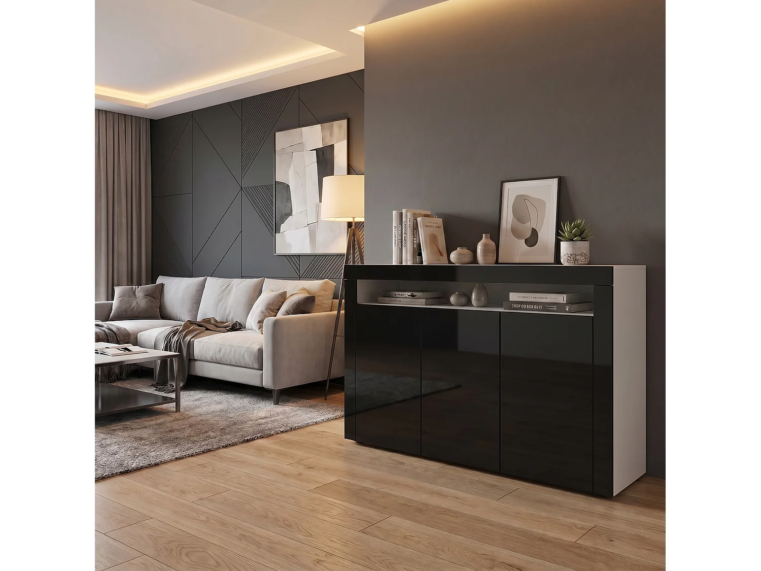 Buffet Valencia, Commode avec 3 portes et 1 compartiment ouvert, Blanc mat/noir haute brillance/noir haute brillance (155 x 92 x 40 cm)