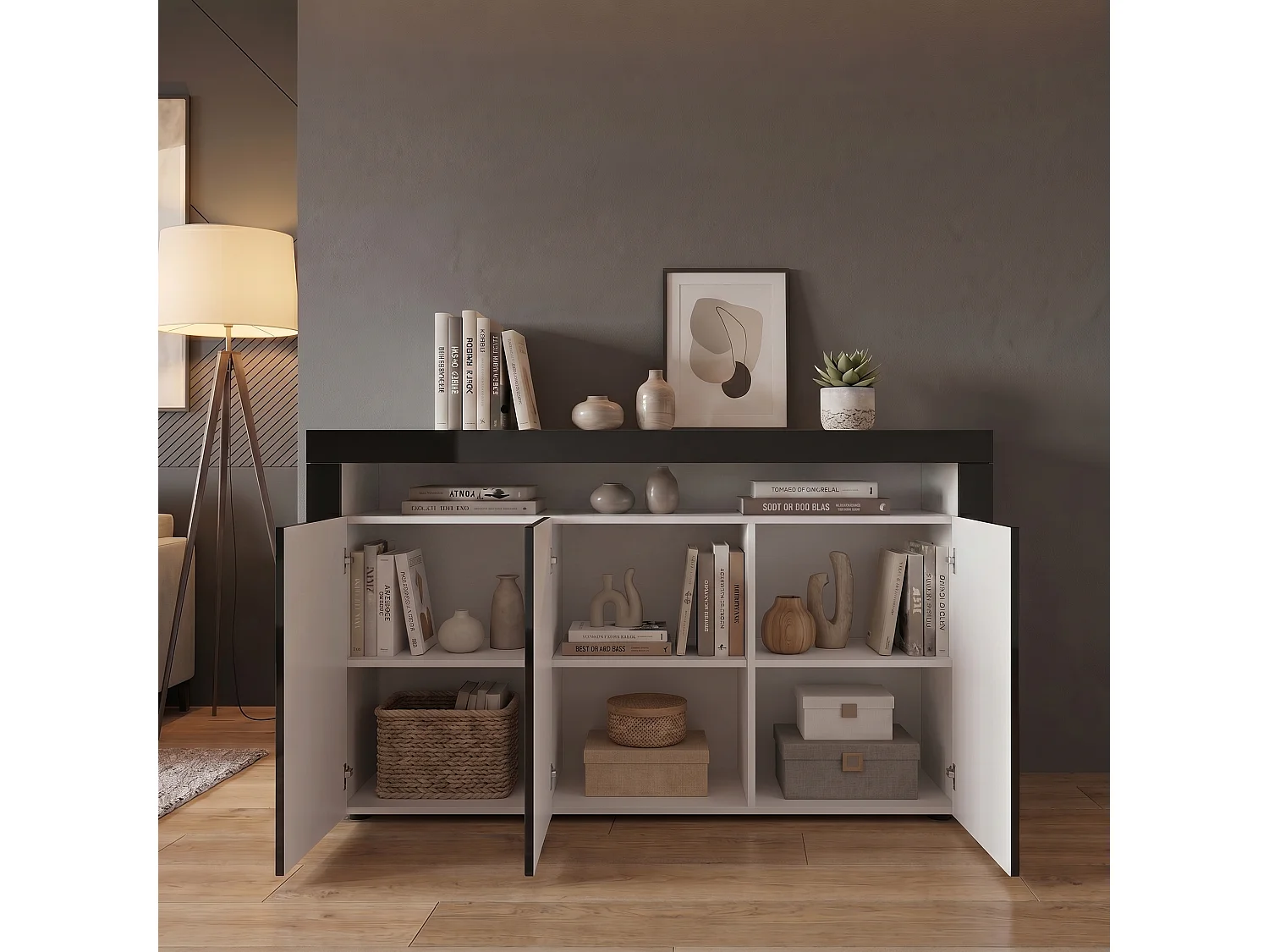 Buffet Valencia, Commode avec 3 portes et 1 compartiment ouvert, Blanc mat/noir haute brillance/noir haute brillance (155 x 92 x 40 cm)