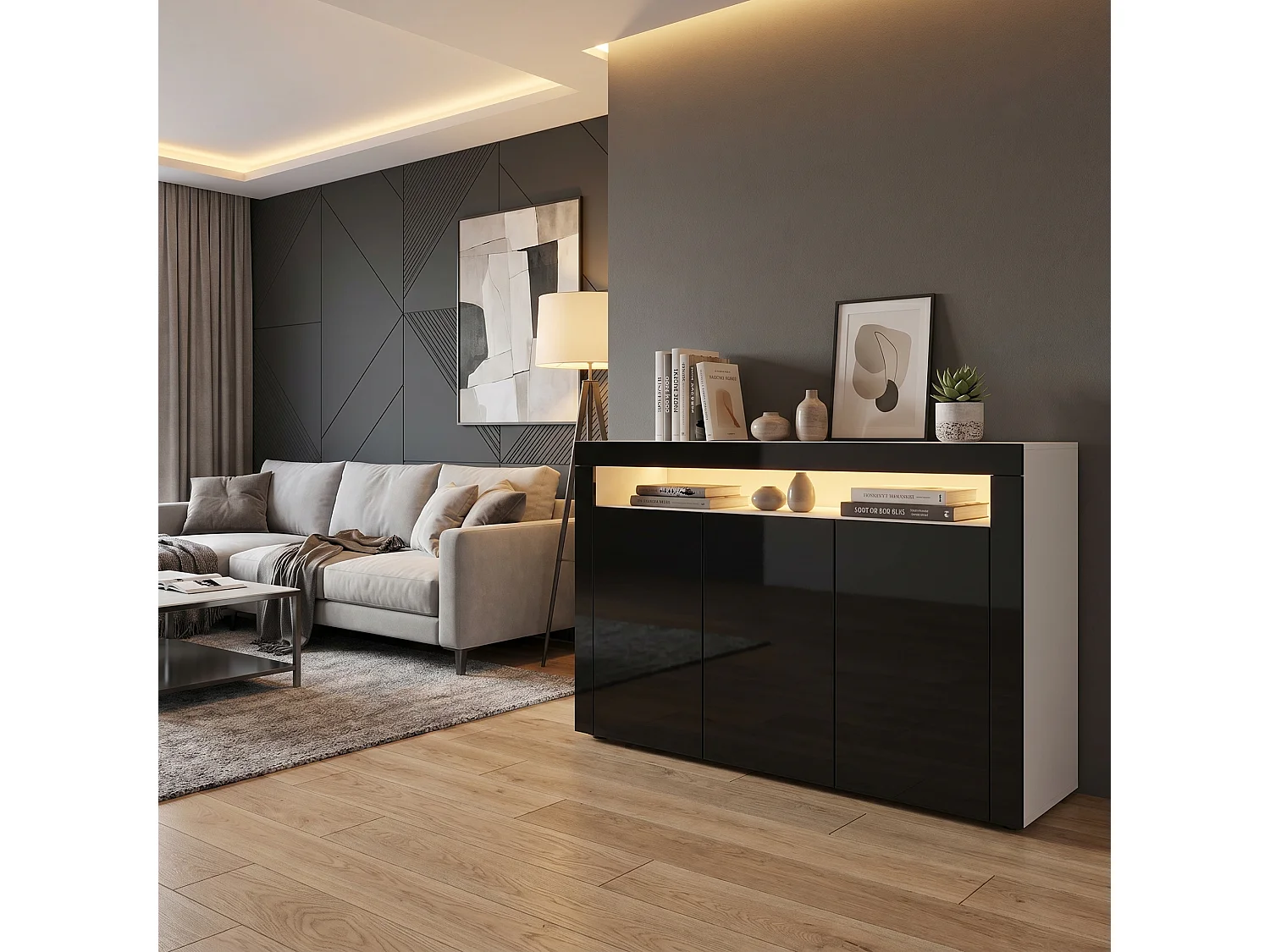SIDEBOARD Valencia Schwarz Hochglanz / Schwarz Hochglanz