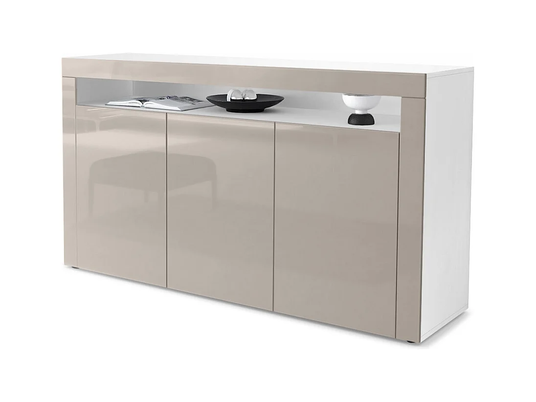 Buffet Valencia, Commode avec 3 portes et 1 compartiment ouvert, Blanc mat/gris sable haute brillance/gris sable haute brillance (155 x 92 x 40 cm)