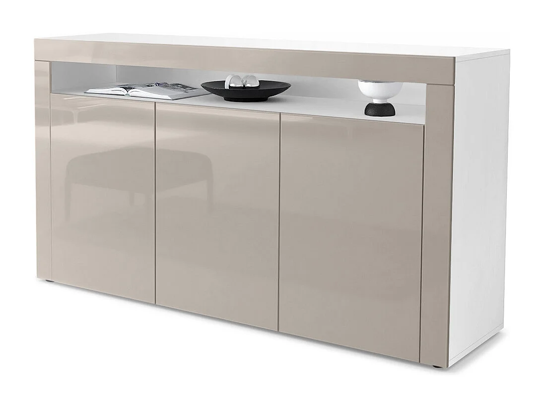 Buffet Valencia, Commode avec 3 portes et 1 compartiment ouvert, Blanc mat/gris sable haute brillance/gris sable haute brillance (155 x 92 x 40 cm)