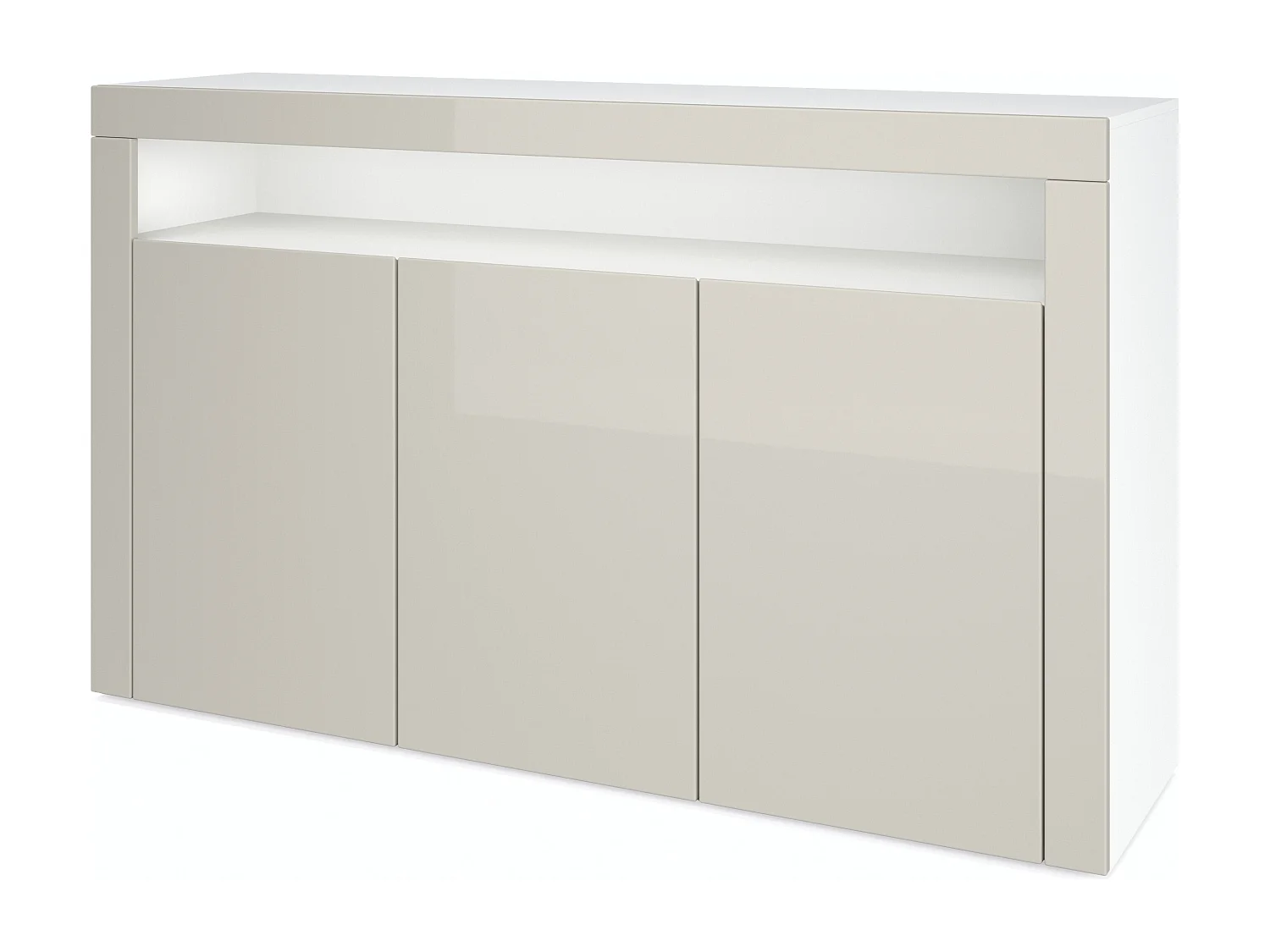 Buffet Valencia, Commode avec 3 portes et 1 compartiment ouvert, Blanc mat/gris sable haute brillance/gris sable haute brillance (155 x 92 x 40 cm)