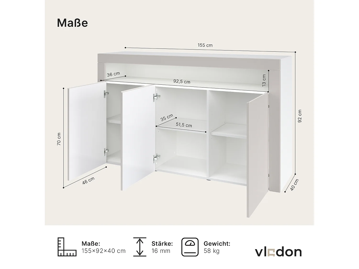 Buffet Valencia, Commode avec 3 portes et 1 compartiment ouvert, Blanc mat/gris sable haute brillance/gris sable haute brillance (155 x 92 x 40 cm)