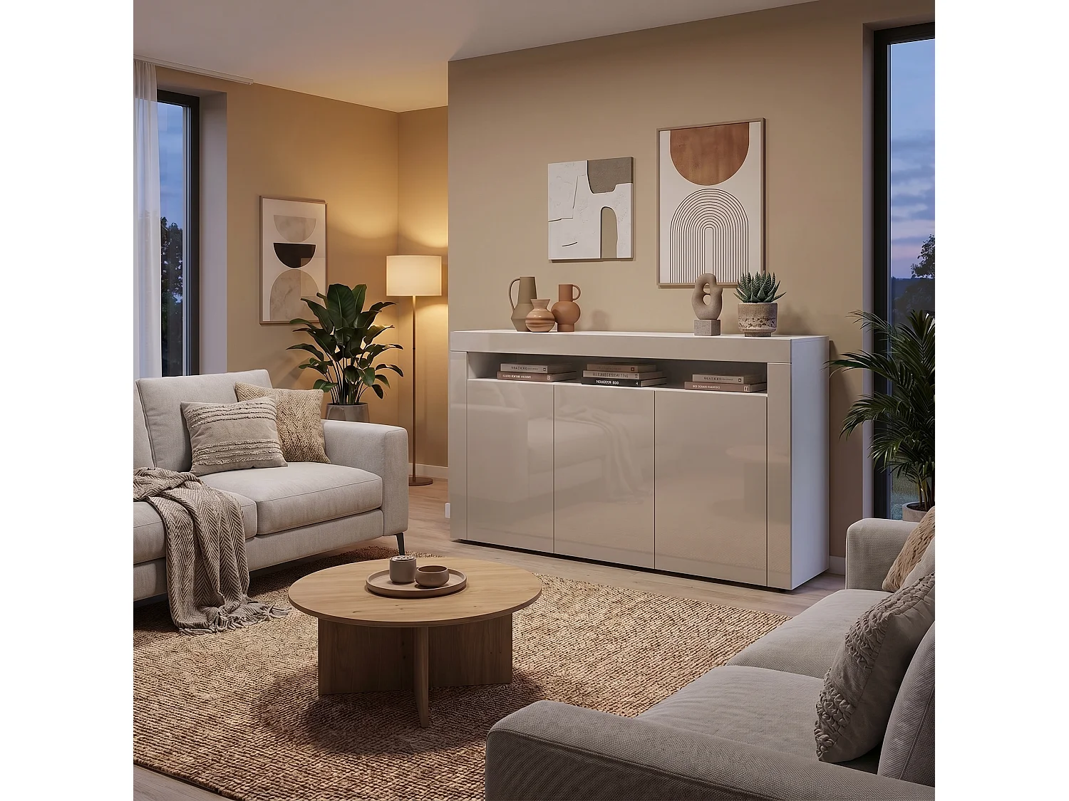 Buffet Valencia, Commode avec 3 portes et 1 compartiment ouvert, Blanc mat/gris sable haute brillance/gris sable haute brillance (155 x 92 x 40 cm)