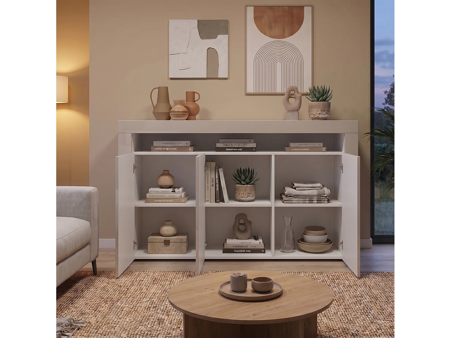 Buffet Valencia, Commode avec 3 portes et 1 compartiment ouvert, Blanc mat/gris sable haute brillance/gris sable haute brillance (155 x 92 x 40 cm)