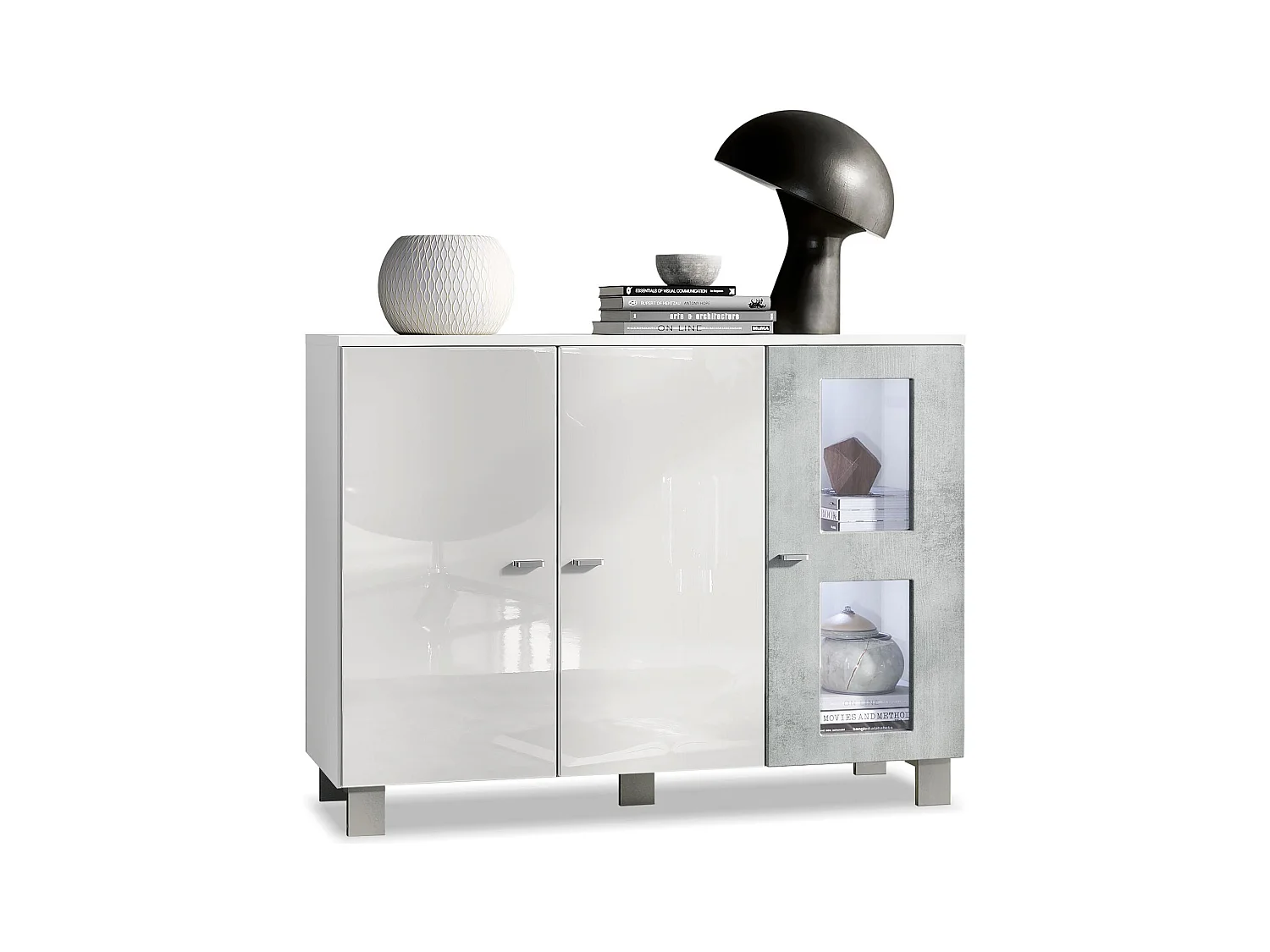 Buffet Denjo, Commode avec 3 portes, Blanc mat/Blanc haute brillance/Aspect Béton Oxyde, éclairage LED inclus (107 x 81 x 35 cm)