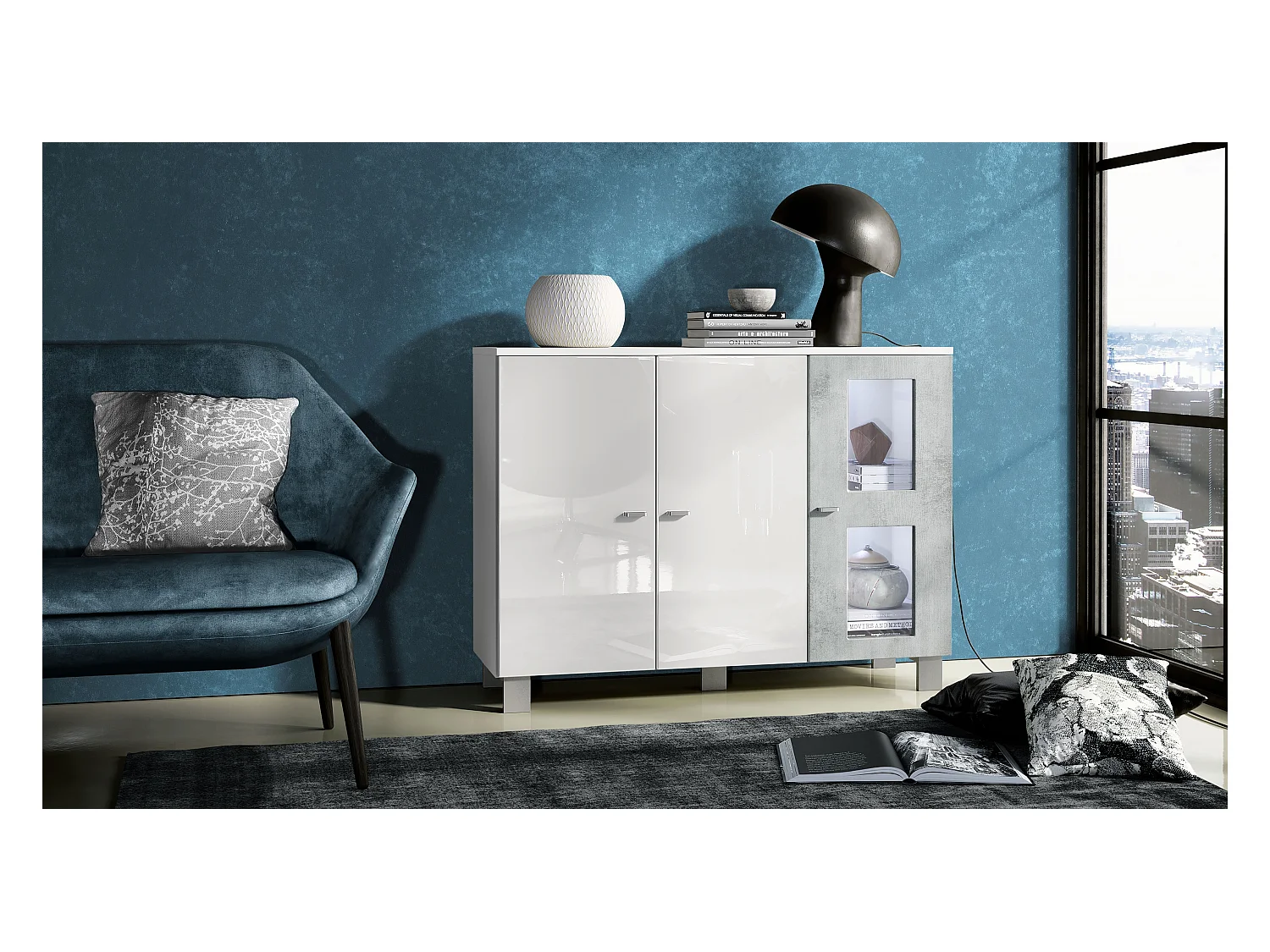 Buffet Denjo, Commode avec 3 portes, Blanc mat/Blanc haute brillance/Aspect Béton Oxyde, éclairage LED inclus (107 x 81 x 35 cm)