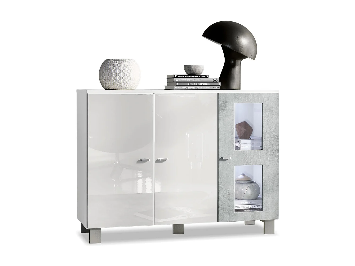 Buffet Denjo, Commode avec 3 portes, Blanc mat/Blanc haute brillance/Aspect Béton Oxyde, éclairage LED inclus (107 x 81 x 35 cm)