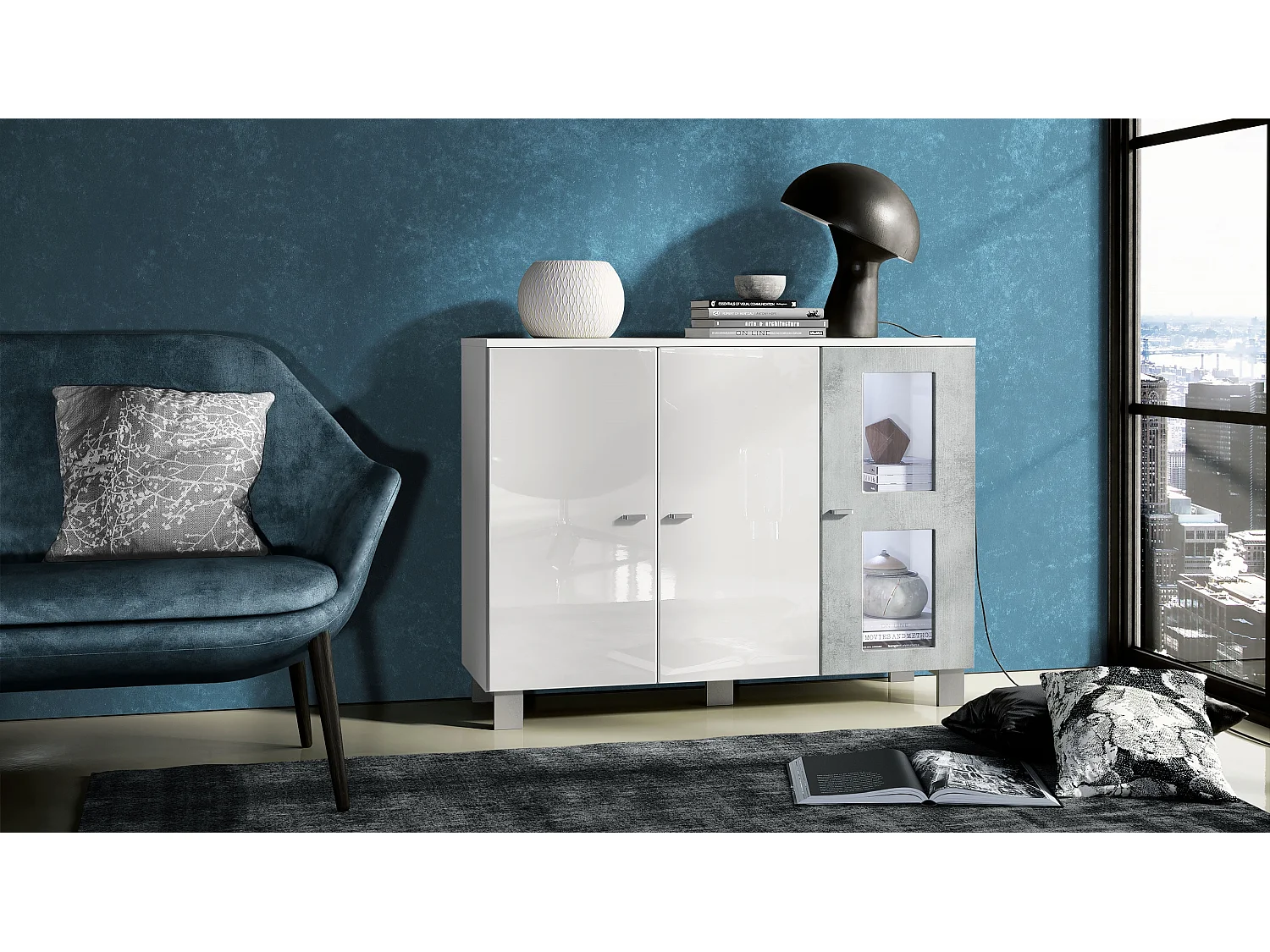 Buffet Denjo, Commode avec 3 portes, Blanc mat/Blanc haute brillance/Aspect Béton Oxyde, éclairage LED inclus (107 x 81 x 35 cm)