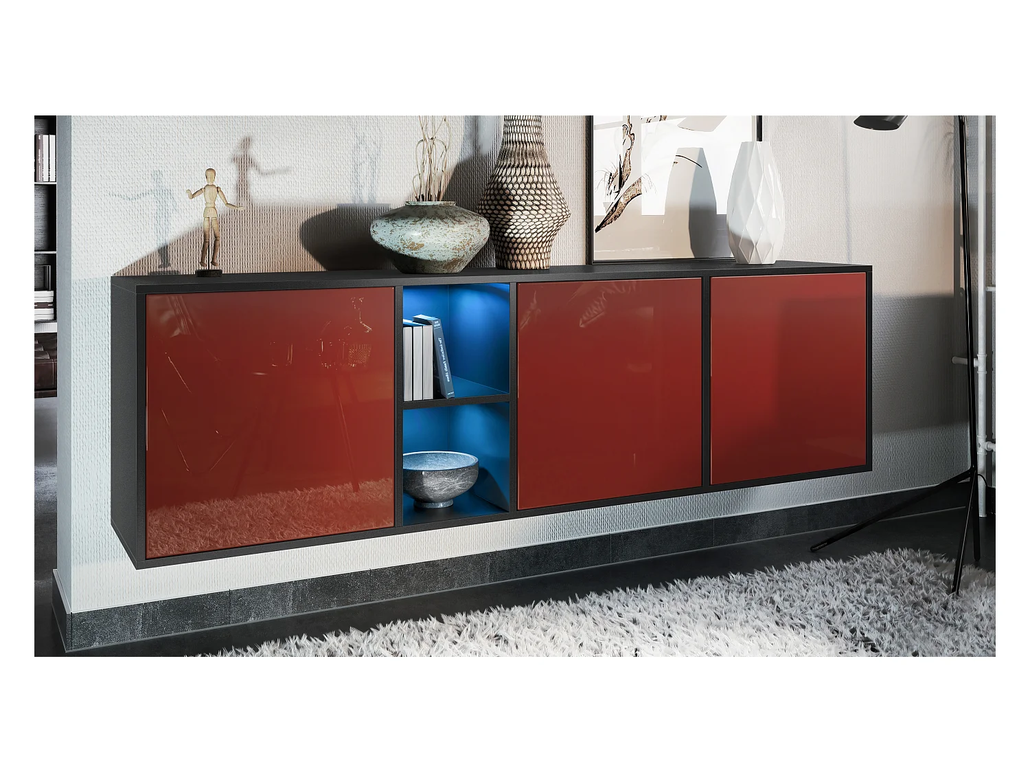 Commode Cuba - noir mat/bordeaux haute brillance - Buffet moderne pour votre salon - (LxHxP) 182x53x35 cm