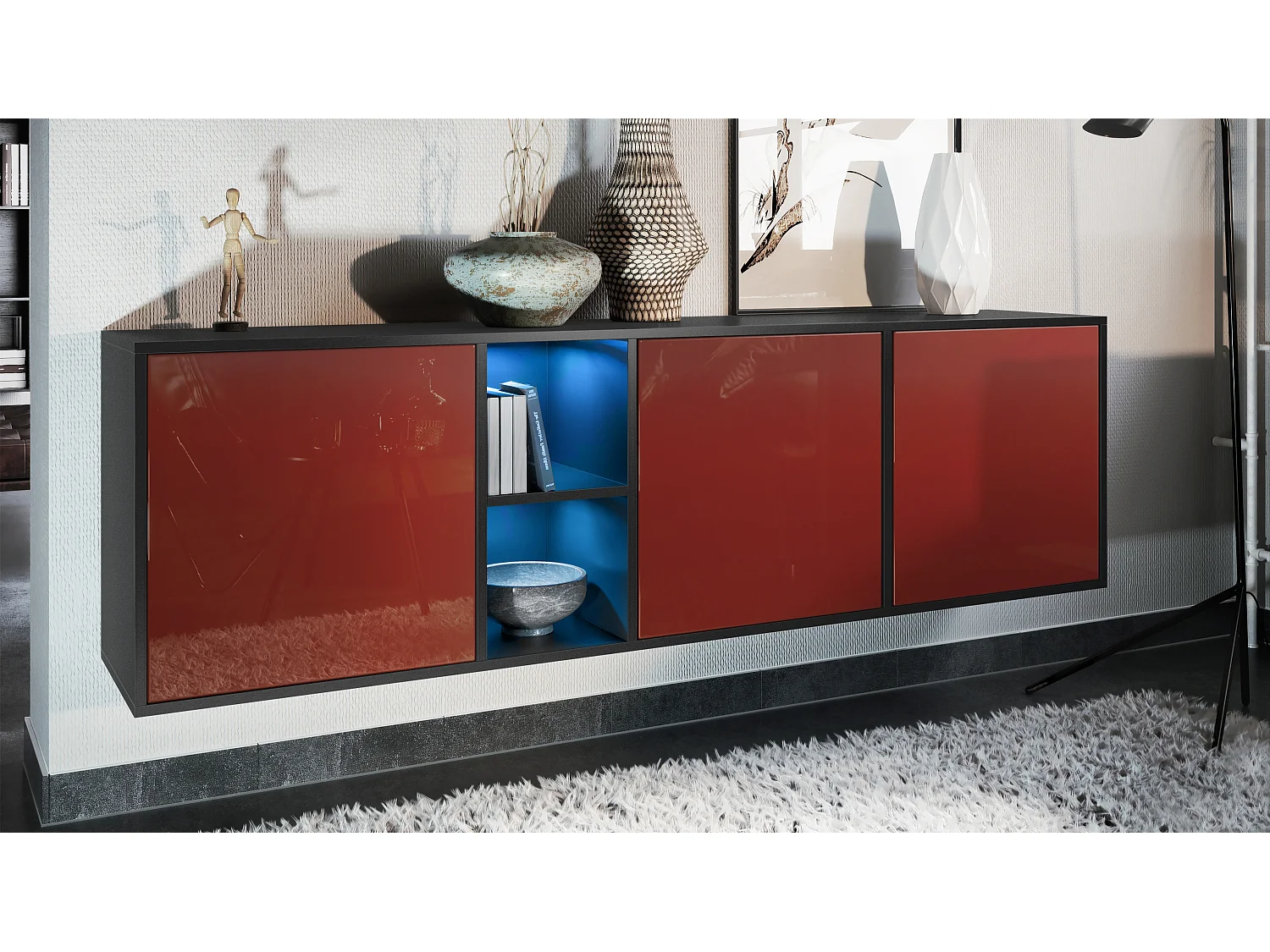 Vladon Cassettiera Cuba - nero opaco/bordeaux lucido - Credenza moderna per la zona giorno - (LxAxP) 182x53x35 cm