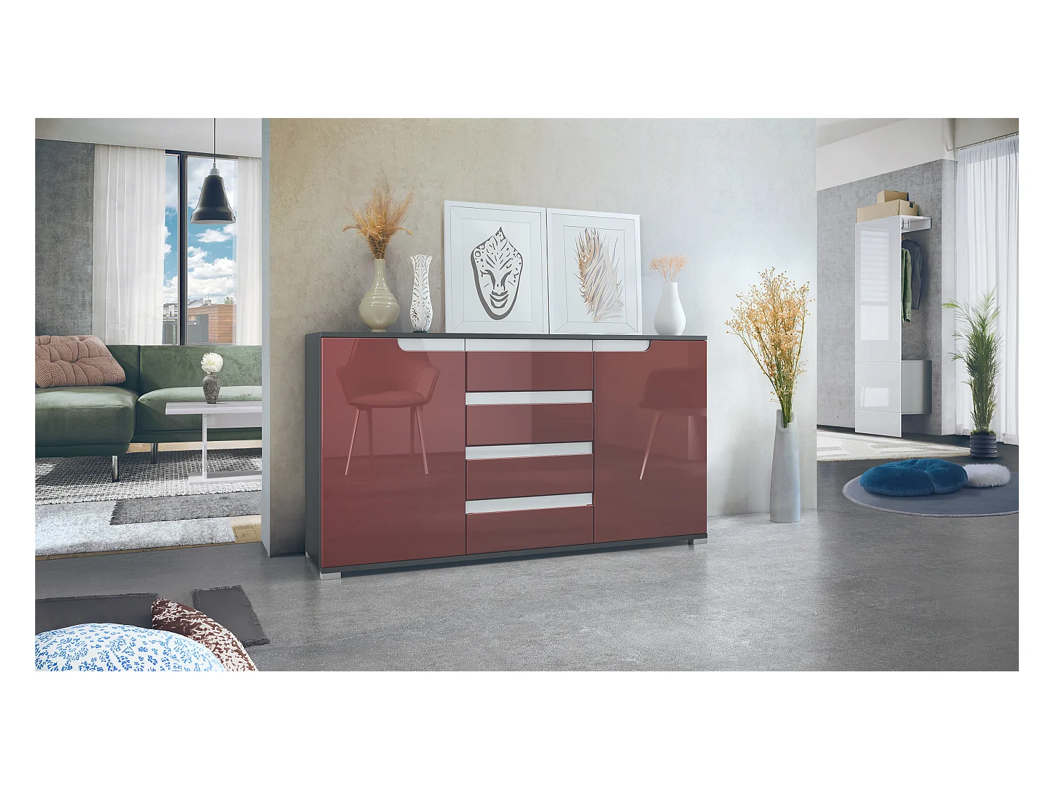 Buffet Dressoir Sylt, Corps en Noir mat / Façades en bordeaux haute brillance avec un decor en blanc haute brillance (139 x 72 x 35)