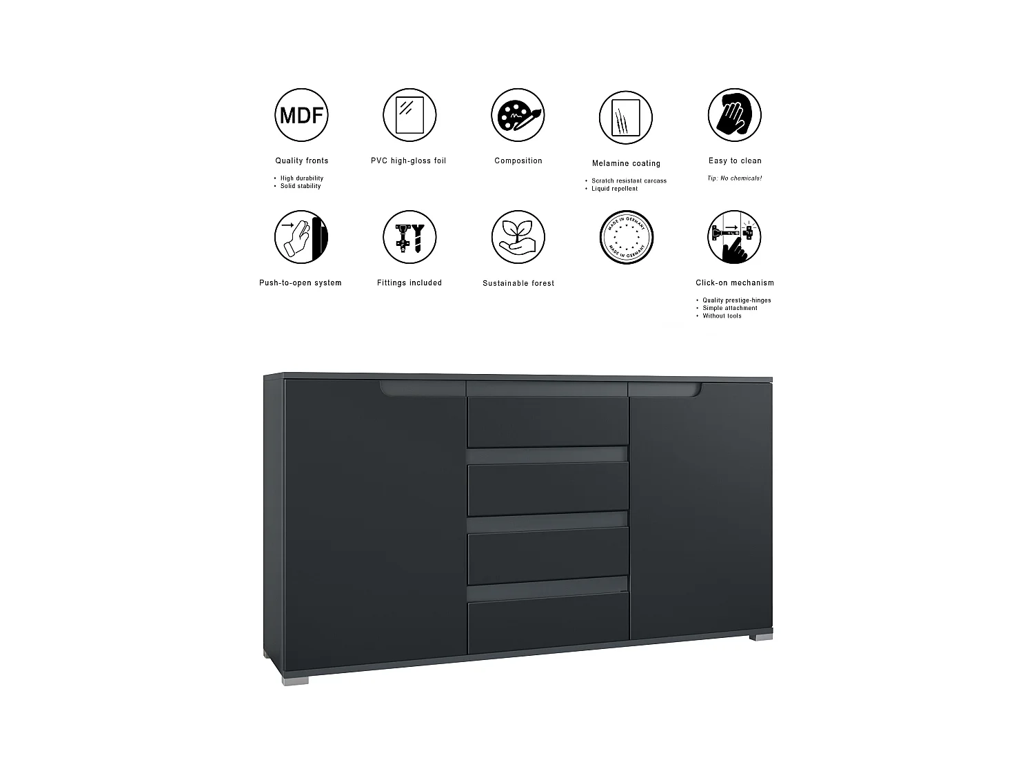 Buffet Dressoir Sylt, Corps en Noir mat / Façades en bordeaux haute brillance avec un decor en blanc haute brillance (139 x 72 x 35)