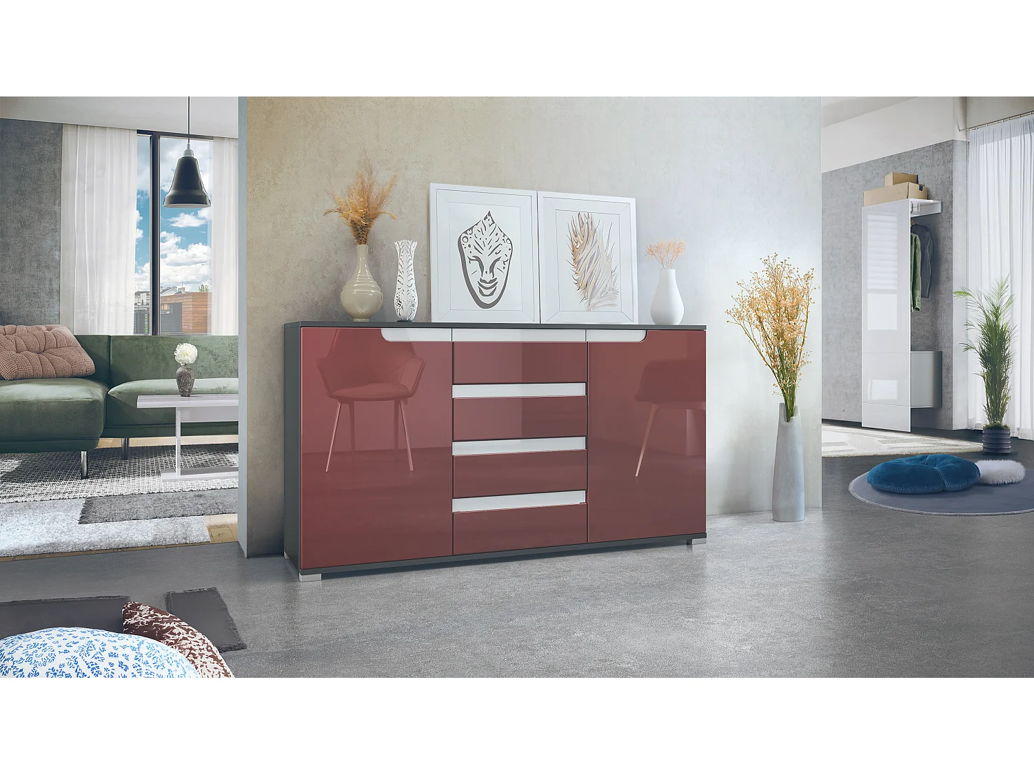 Buffet Dressoir Sylt, Corps en Noir mat / Façades en bordeaux haute brillance avec un decor en blanc haute brillance (139 x 72 x 35)