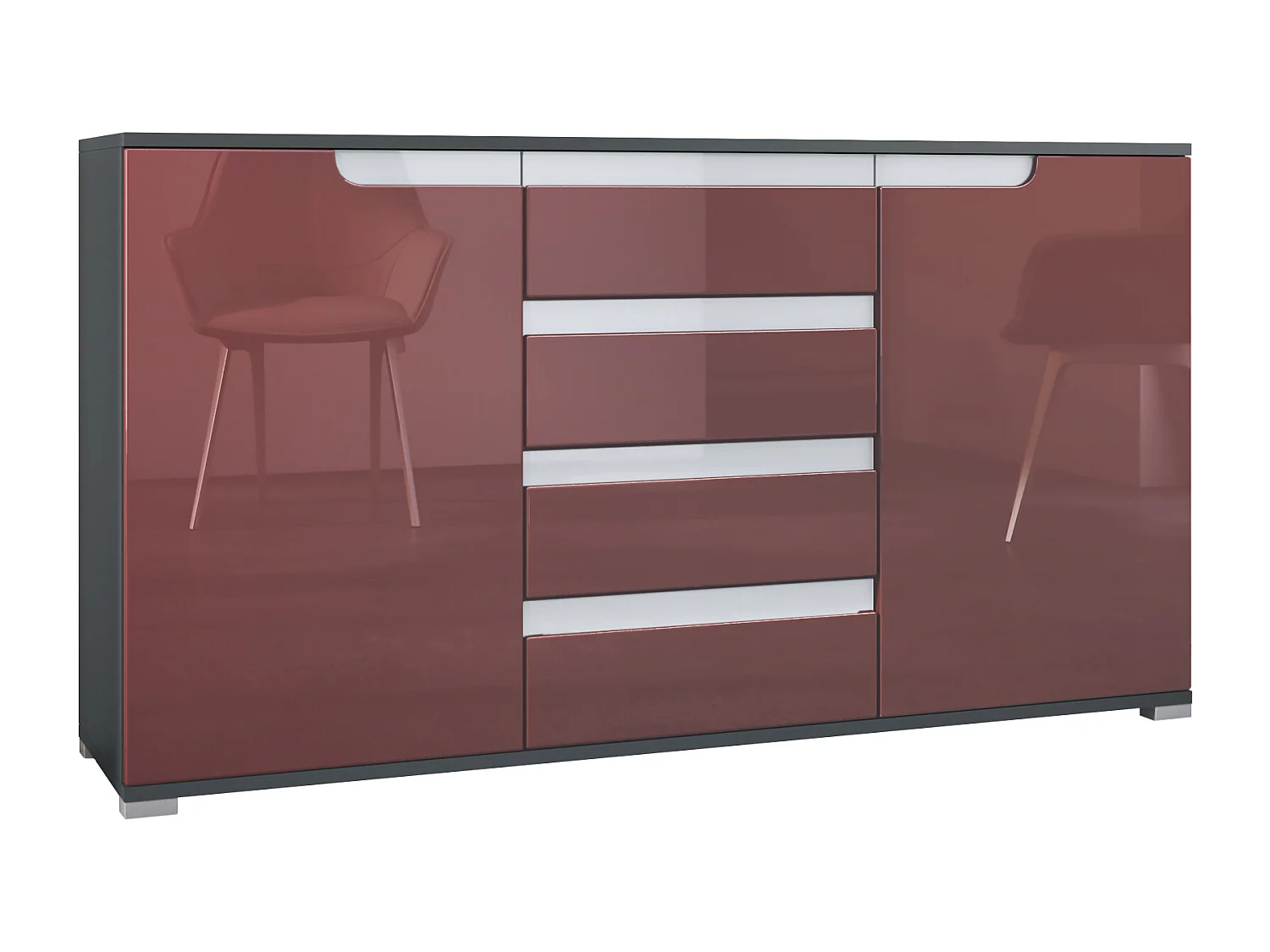 Credenza Cassettiera Sylt, struttura in nero opaco / frontale in bordeaux lucido con compensazioni in bianco lucido (139 x 72 x 35)