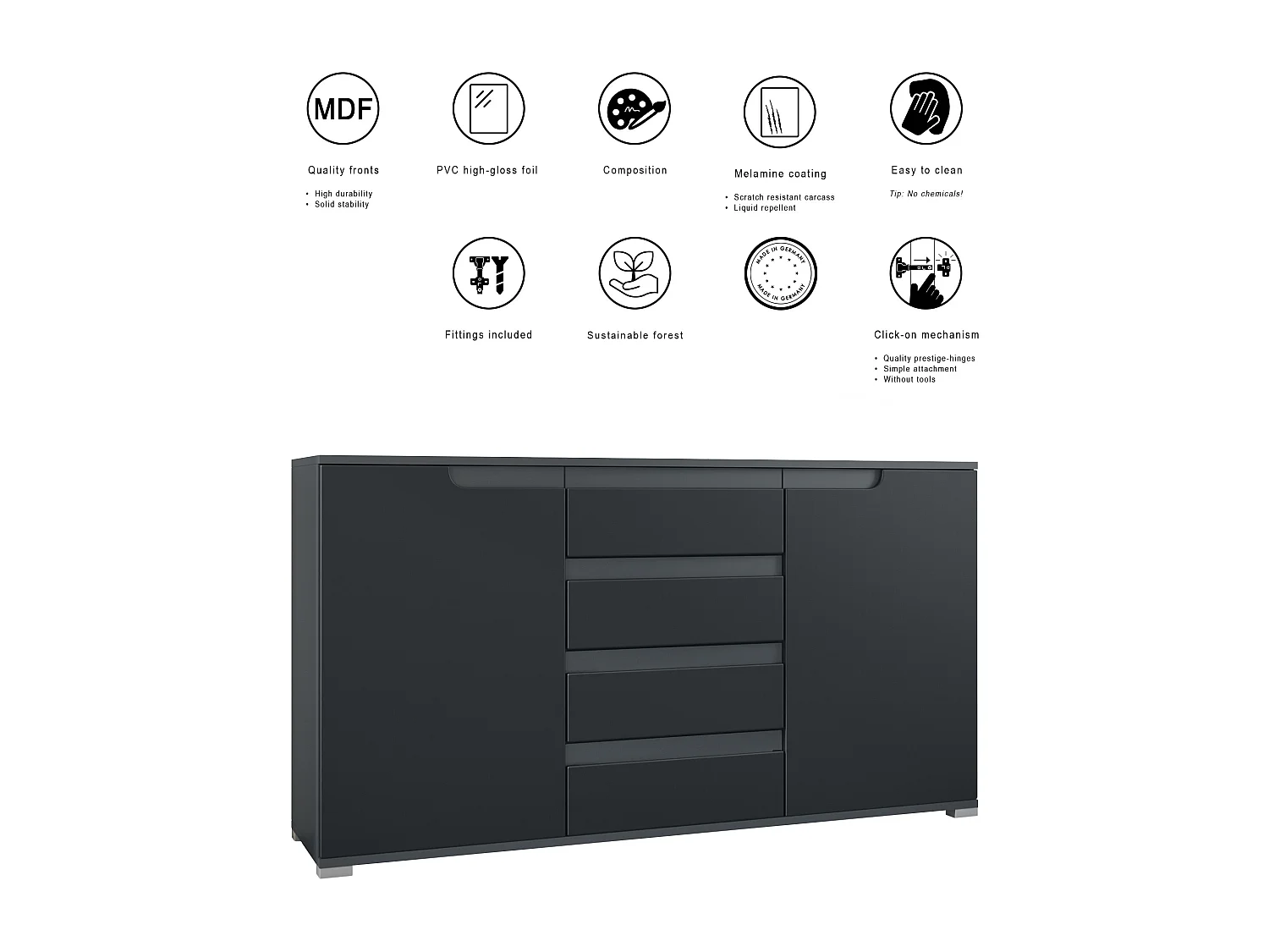 Credenza Cassettiera Sylt, struttura in nero opaco / frontale in bordeaux lucido con compensazioni in bianco lucido (139 x 72 x 35)