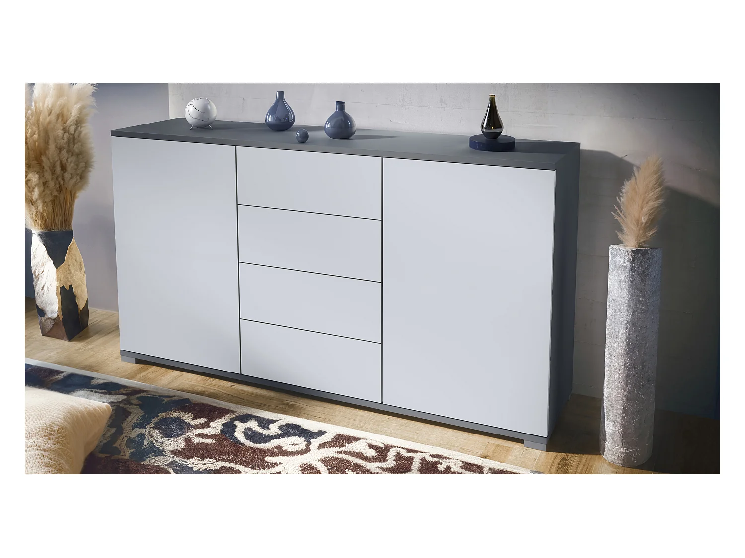 Buffet Santo V1, Enfilade avec 2 portes et 4 tiroirs, anthracite mat / blanc mat (138,5 x 75,5 x 35 cm)
