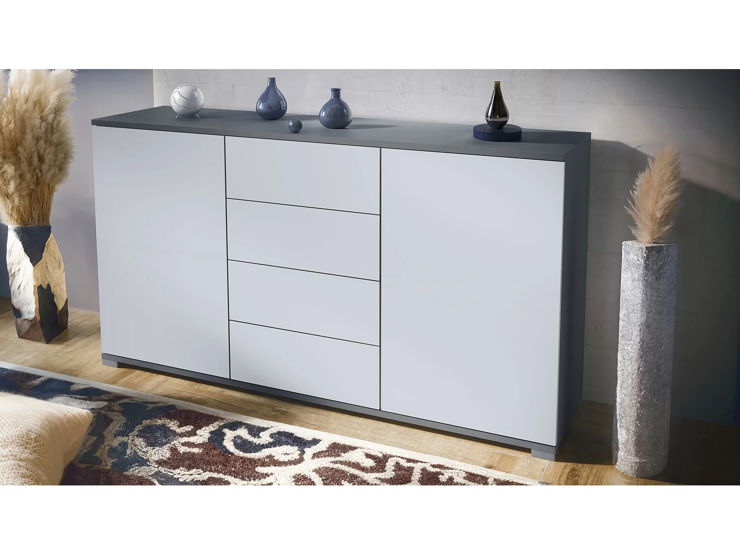 Buffet Santo V1, Enfilade avec 2 portes et 4 tiroirs, anthracite mat / blanc mat (138,5 x 75,5 x 35 cm)