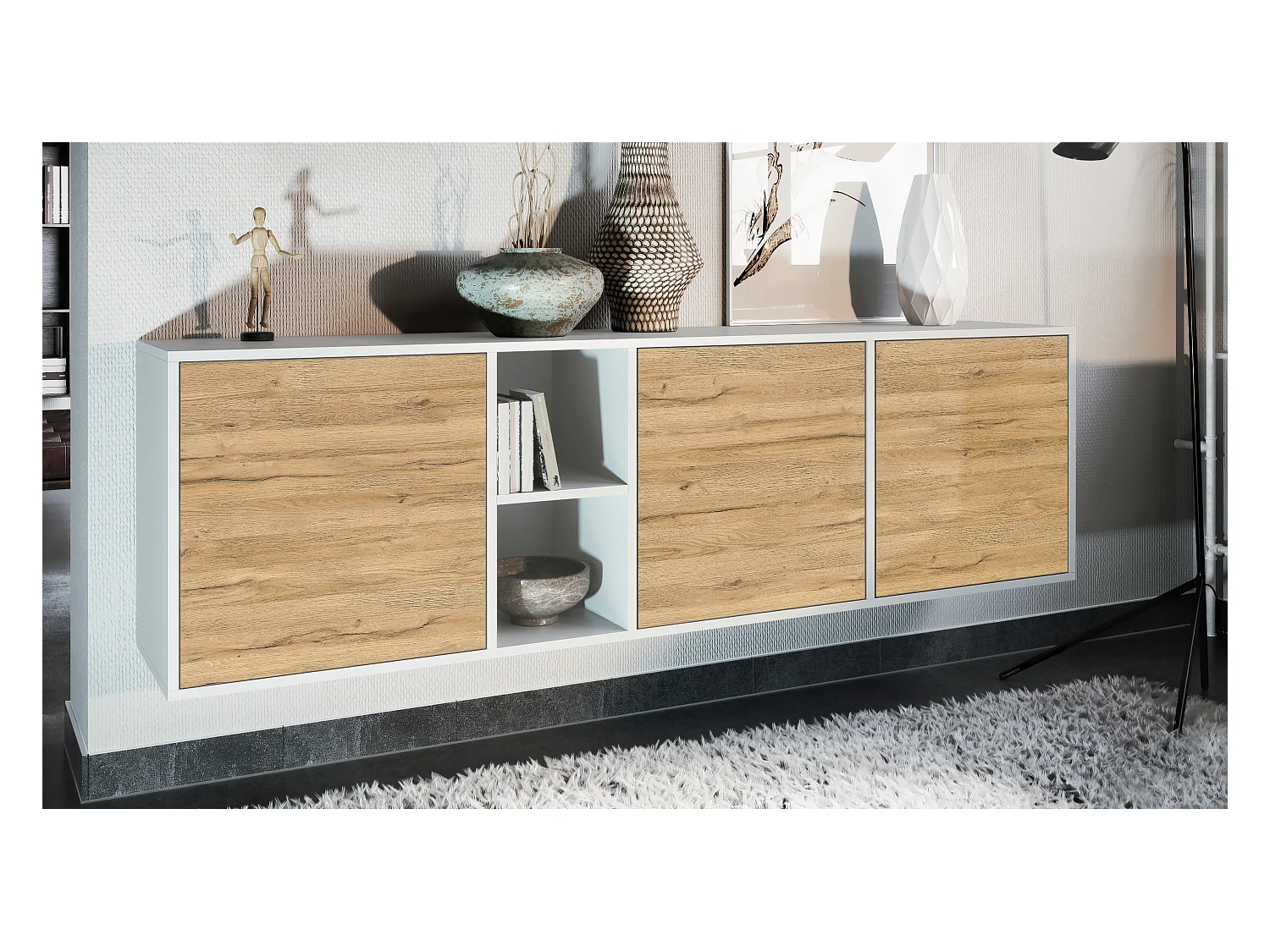 Commode Cuba - blanc mat/chêne nature - Buffet moderne pour votre salon - (LxHxP) 182x53x35 cm