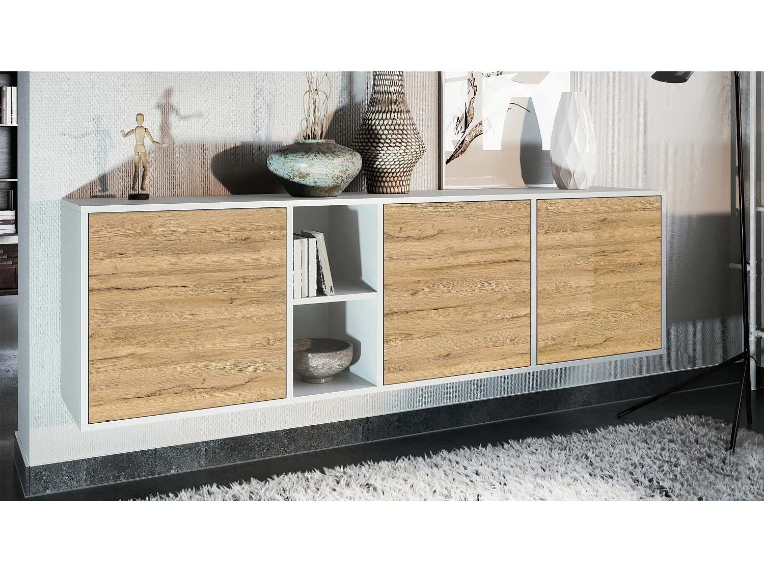 Vladon Cassettiera Cuba - bianco opaco/rovere naturale - Credenza moderna per la zona giorno - (LxAxP) 182x53x35 cm