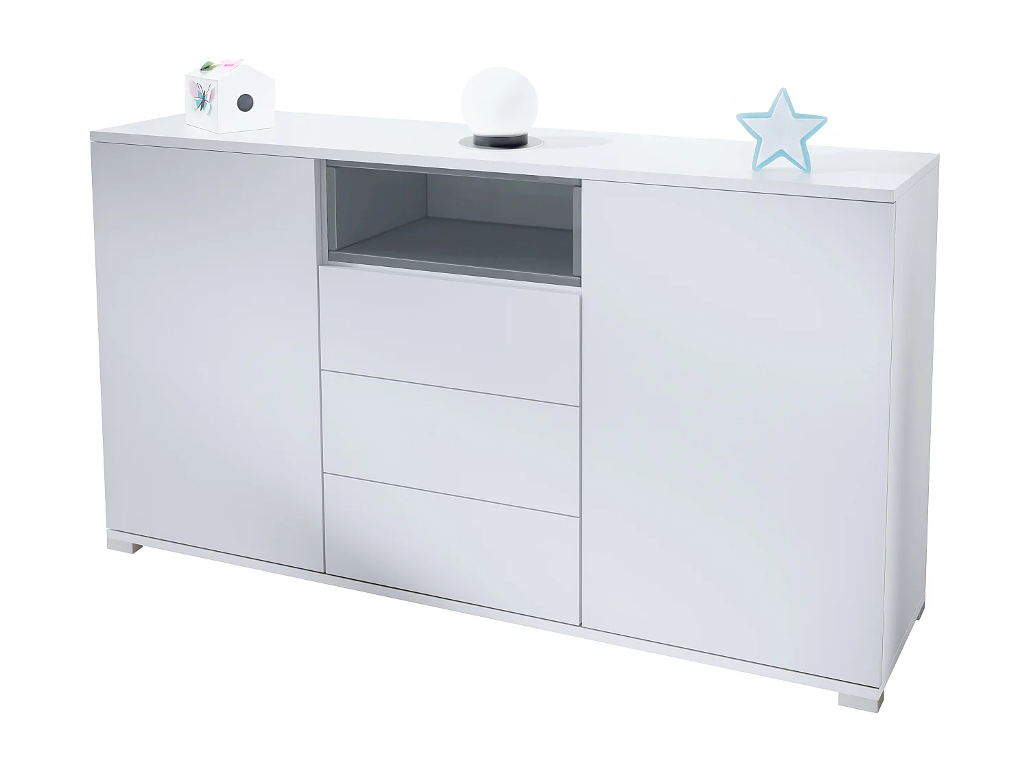 Skadu V2 Buffet, Commode avec 2 portes, 3 tiroirs et 1 compartiment ouvert, blanc mat/gris haute brillance (138,5 x 75,5 x 35 cm)
