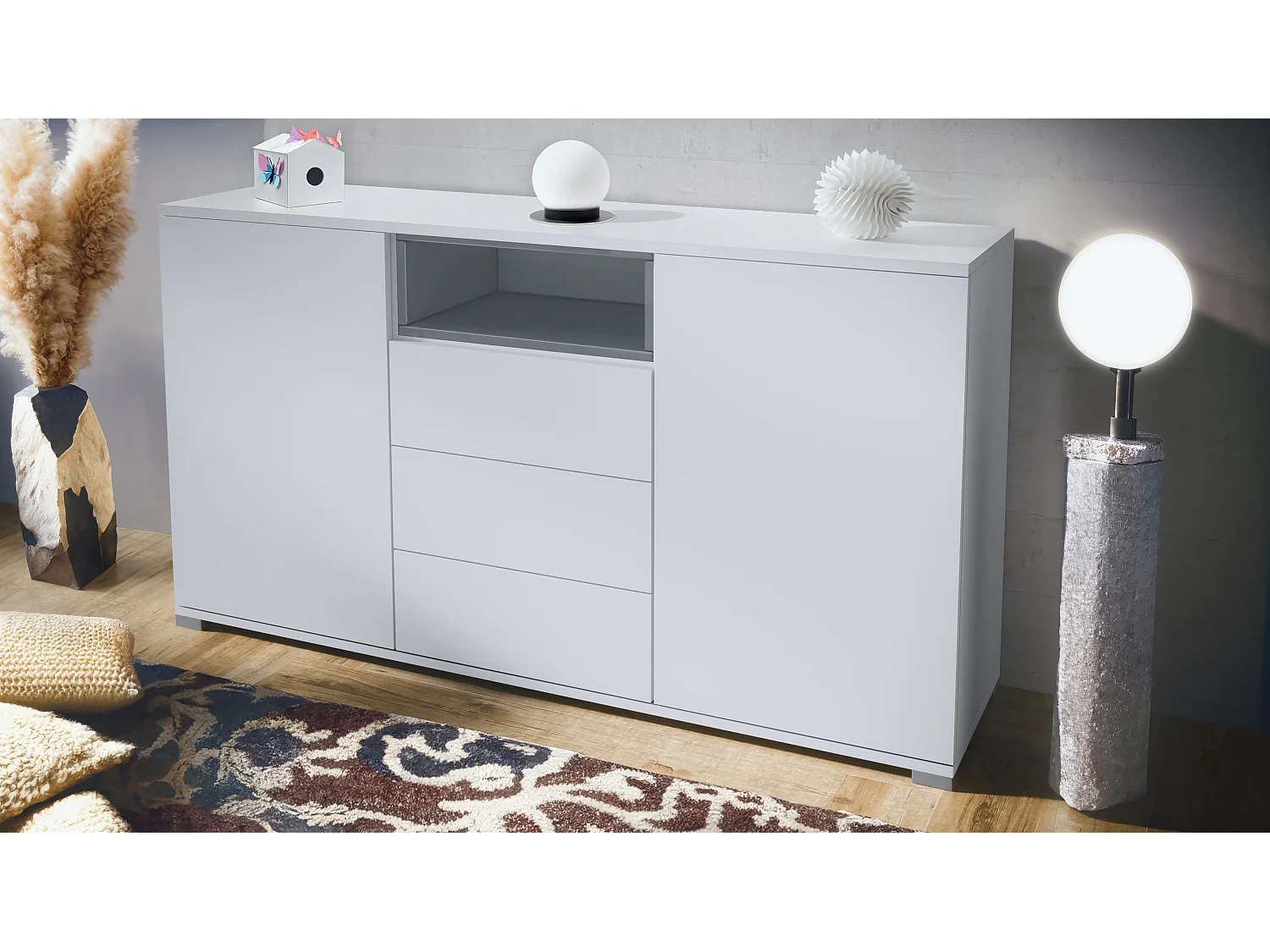 Skadu V2 Buffet, Commode avec 2 portes, 3 tiroirs et 1 compartiment ouvert, blanc mat/gris haute brillance (138,5 x 75,5 x 35 cm)