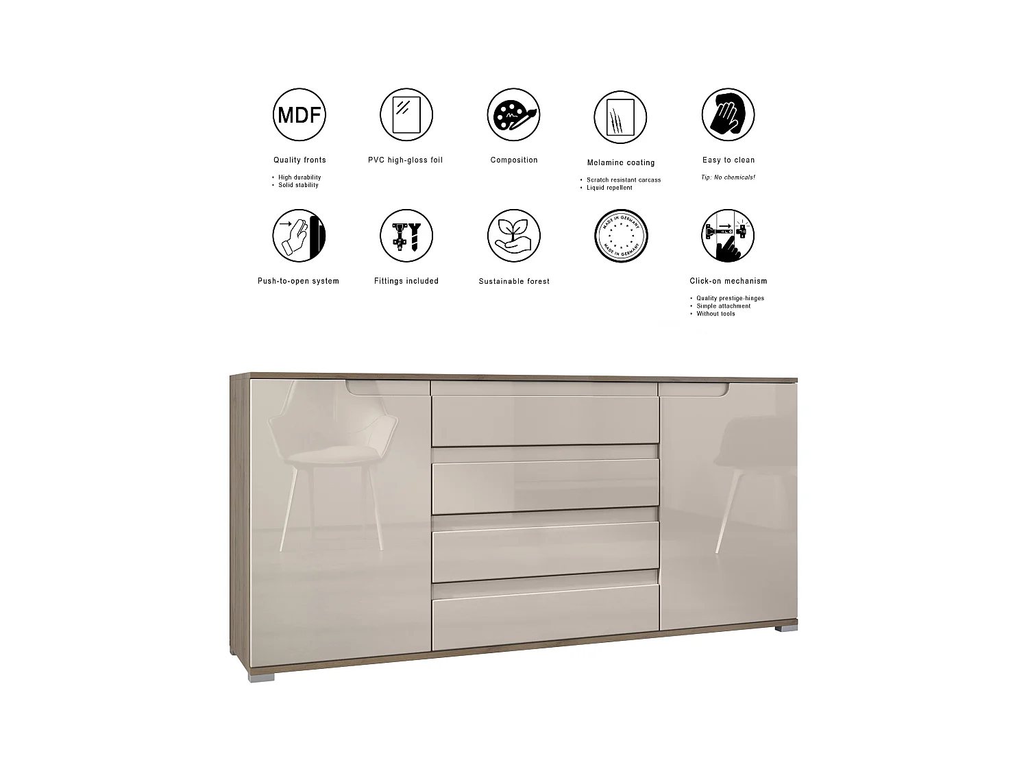 Buffet Sylt V2, Commode avec 2 Portes et 4 Tiroirs, Corps - Chêne Evoke / Façade - blanc haute brillance / Détails - blanc haute brillance (166,5 x 75,5 x 35 cm)