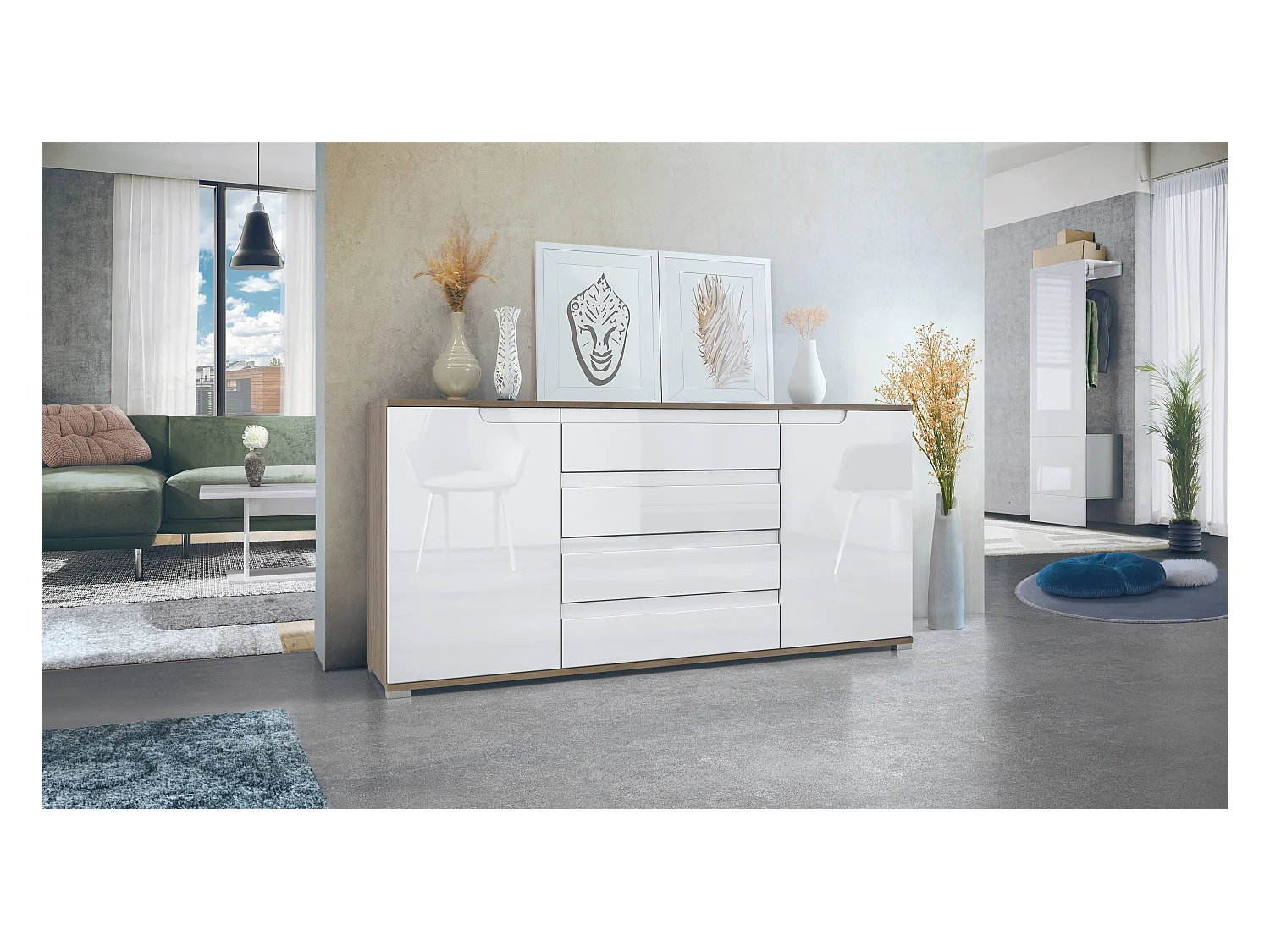 Buffet Sylt V2, Commode avec 2 Portes et 4 Tiroirs, Corps - Chêne Evoke / Façade - blanc haute brillance / Détails - blanc haute brillance (166,5 x 75,5 x 35 cm)