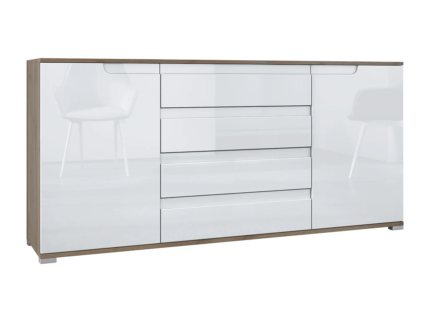 Buffet Sylt V2, Commode avec 2 Portes et 4 Tiroirs, Corps - Chêne Evoke / Façade - blanc haute brillance / Détails - blanc haute brillance (166,5 x 75,5 x 35 cm)