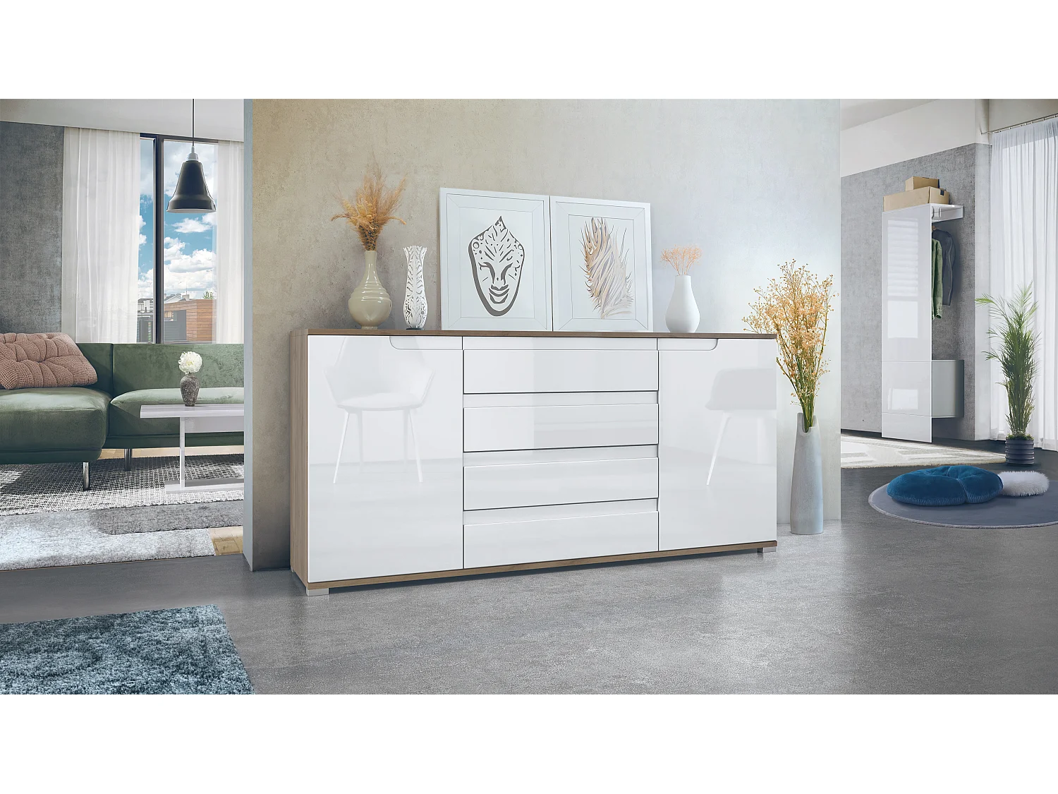 Buffet Sylt V2, Commode avec 2 Portes et 4 Tiroirs, Corps - Chêne Evoke / Façade - blanc haute brillance / Détails - blanc haute brillance (166,5 x 75,5 x 35 cm)