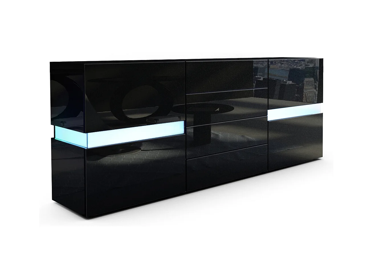 Sideboard Flow, noir brillant/noir brillant y compris LED - Commode moderne avec vitrage Ambient Light pour votre espace de vie (177 x 75 x 39 cm)