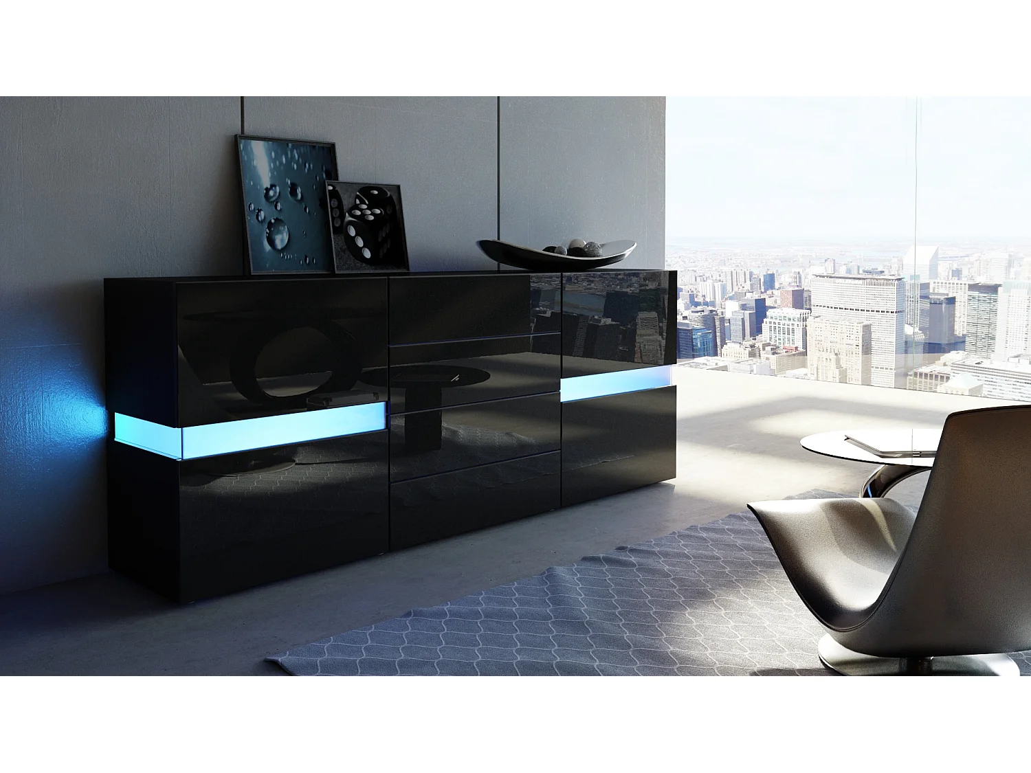 Sideboard Flow, noir brillant/noir brillant y compris LED - Commode moderne avec vitrage Ambient Light pour votre espace de vie (177 x 75 x 39 cm)