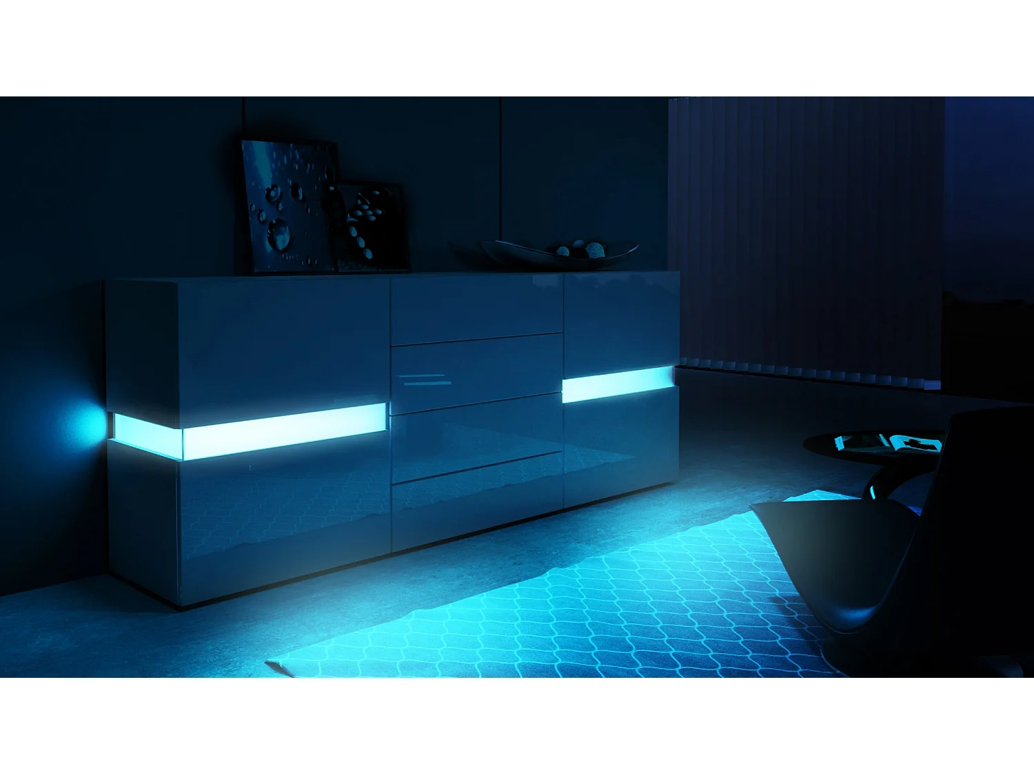 Sideboard Flow, noir brillant/noir brillant y compris LED - Commode moderne avec vitrage Ambient Light pour votre espace de vie (177 x 75 x 39 cm)