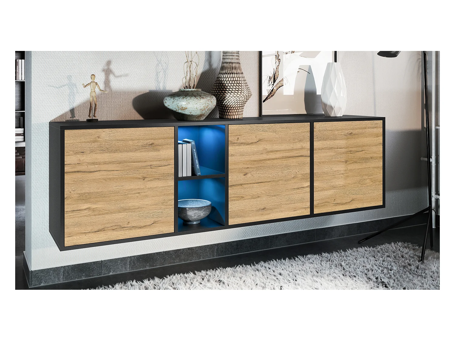 Commode Cuba - noir mat/chêne nature - Buffet moderne pour votre salon - (LxHxP) 182x53x35 cm