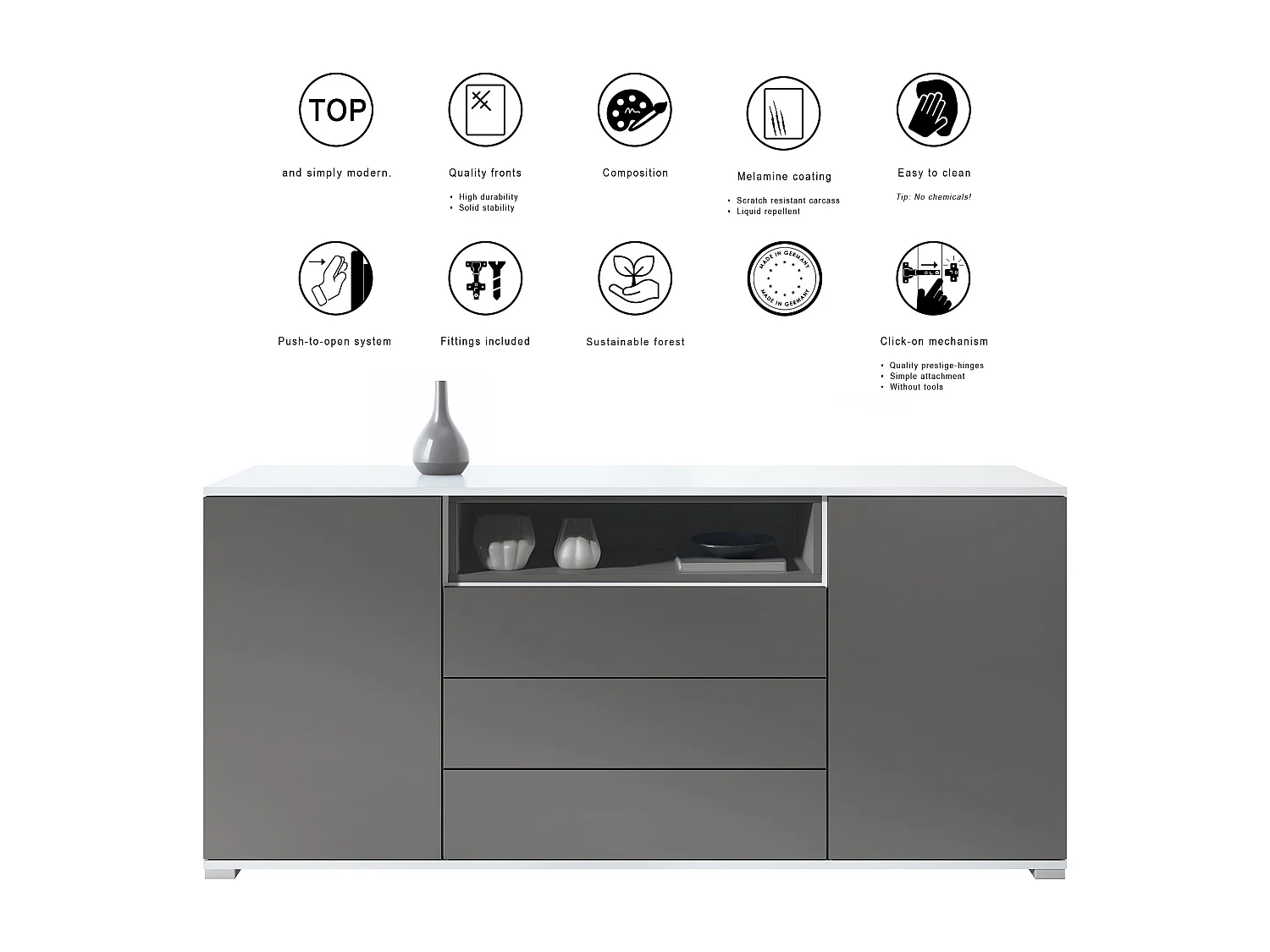 Skadu V4 Credenza, mobile con 2 ante, 3 cassetti e 1 scomparto a giorno, bianco opaco/bianco opaco (166,5 x 75,5 x 35 cm)