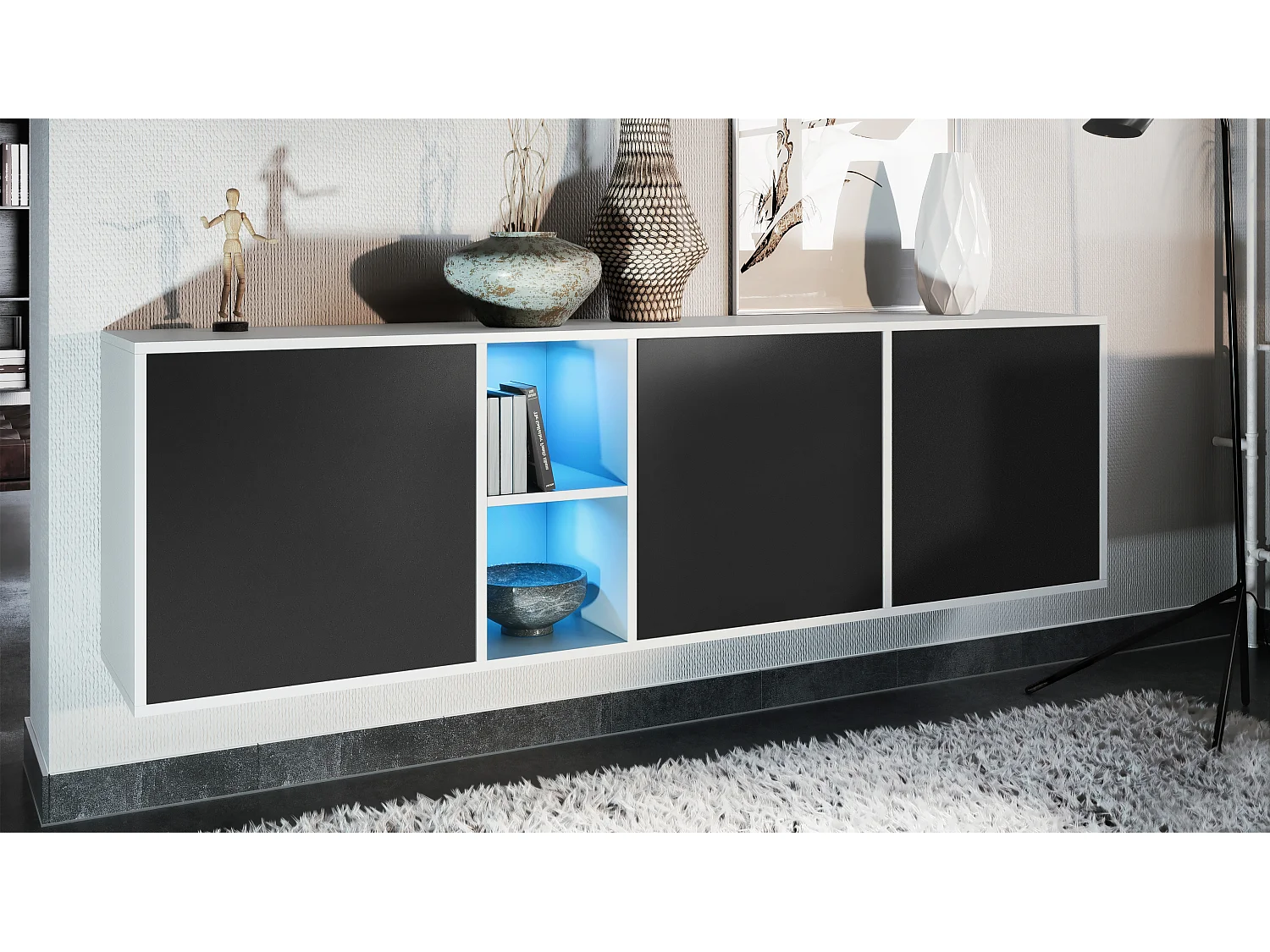 Commode Cuba - blanc mat/noir mat y compris LED - Buffet moderne pour votre salon - (LxHxP) 182x53x35 cm