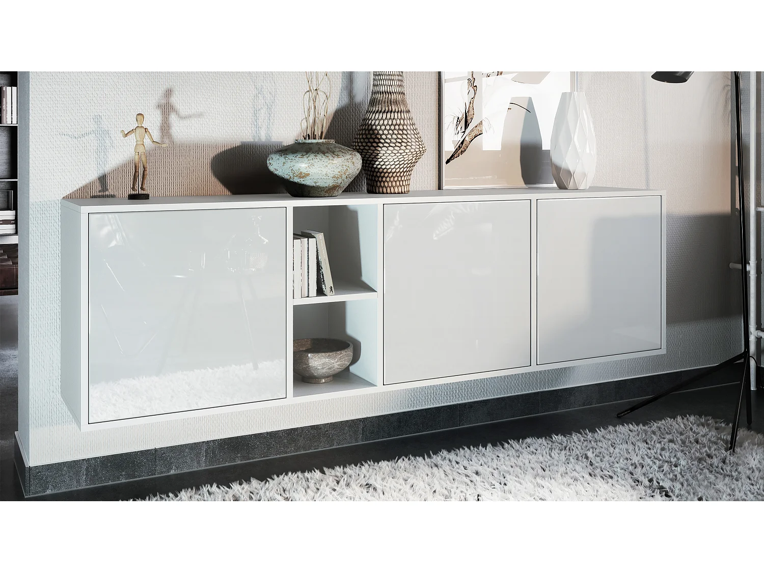 Vladon Cassettiera Cuba - bianco opaco/bianco lucido - Credenza moderna per la zona giorno - (LxAxP) 182x53x35 cm