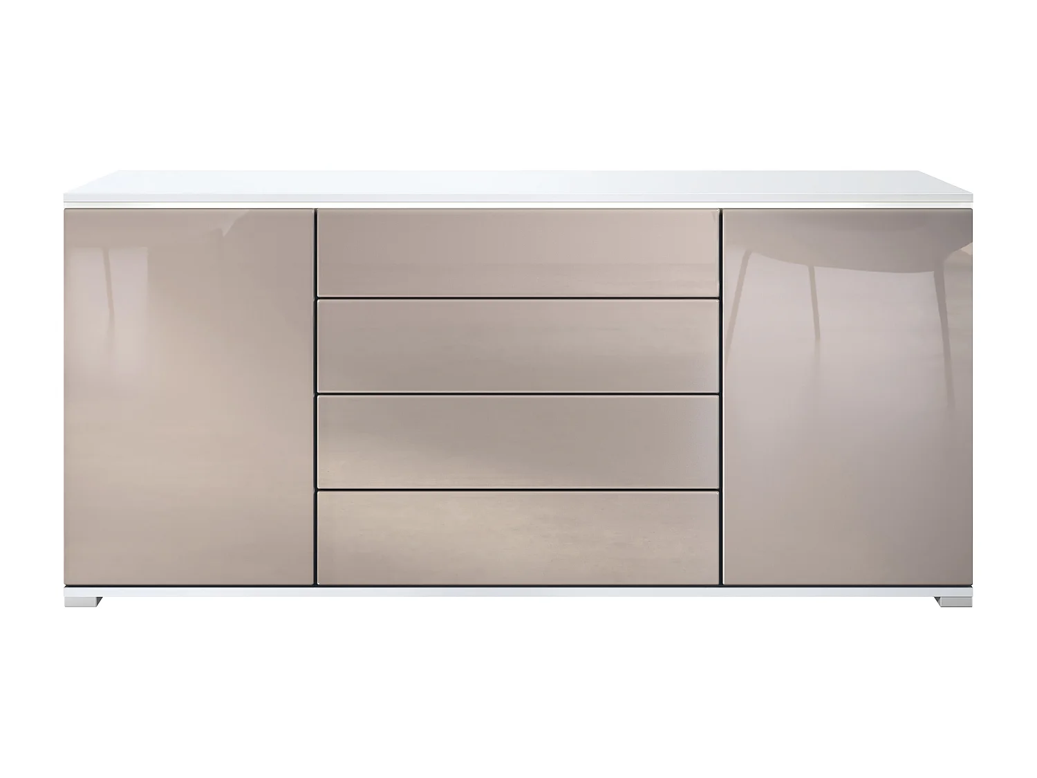 Buffet Faro V2 – Meuble avec 2 Portes & 4 Tiroirs, Armoire avec Bande LED Lumineuse, blanc mat / gris sable haute brillance (166,5 x 75,5 x 35)