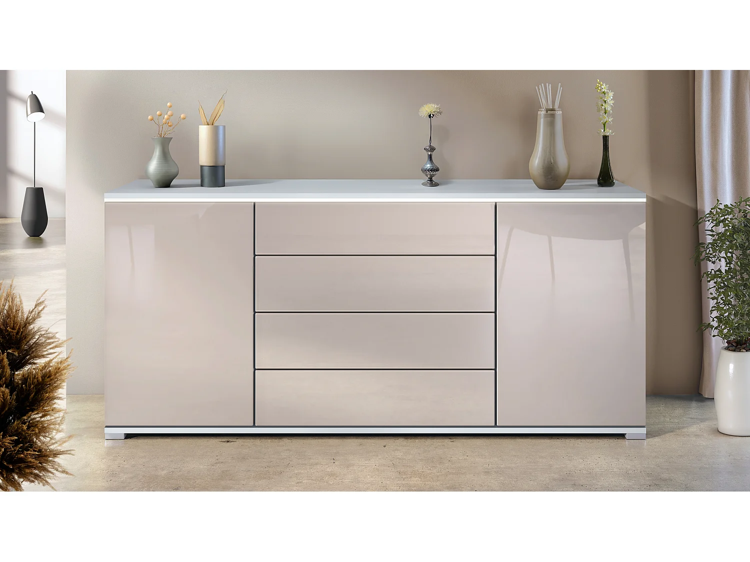 Buffet Faro V2 – Meuble avec 2 Portes & 4 Tiroirs, Armoire avec Bande LED Lumineuse, blanc mat / gris sable haute brillance (166,5 x 75,5 x 35)