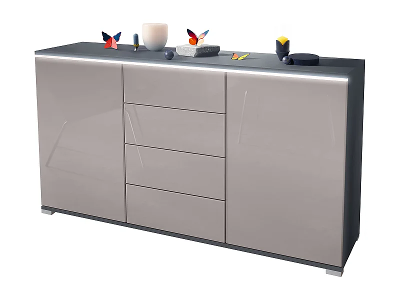 Credenza Faro V1 – Mobile con 2 Ante e 4 Cassetti, Armadio con Striscia LED Luminosa, antracite opaco  / grigio sabbia lucido (138,5 x 75,5 x 35)