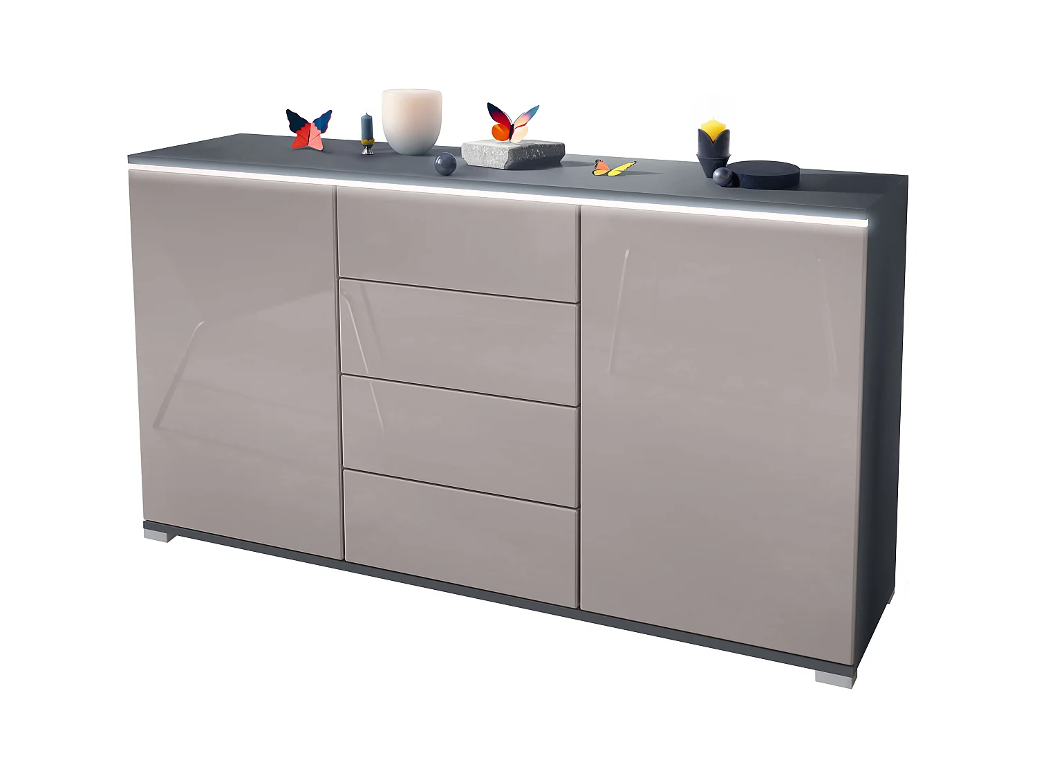 Buffet Faro V1 – Meuble avec 2 Portes & 4 Tiroirs, Armoire avec Bande LED Lumineuse, anthracite mat / gris sable haute brillance (138,5 x 75,5 x 35)