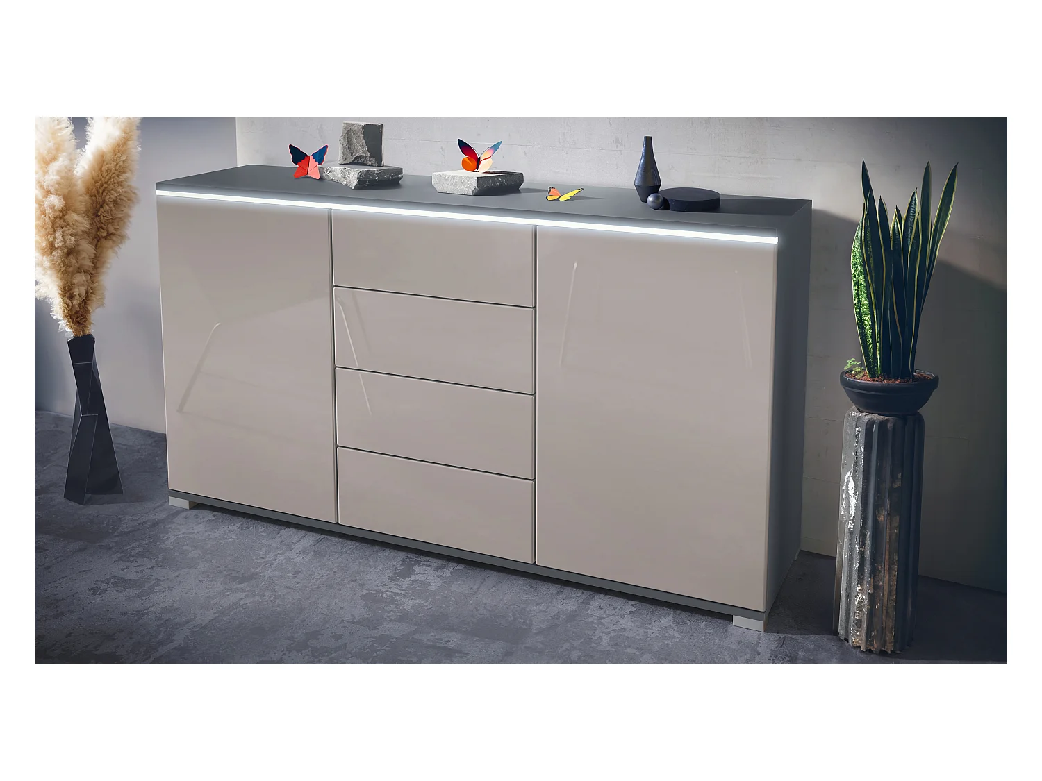 Buffet Faro V1 – Meuble avec 2 Portes & 4 Tiroirs, Armoire avec Bande LED Lumineuse, anthracite mat / gris sable haute brillance (138,5 x 75,5 x 35)